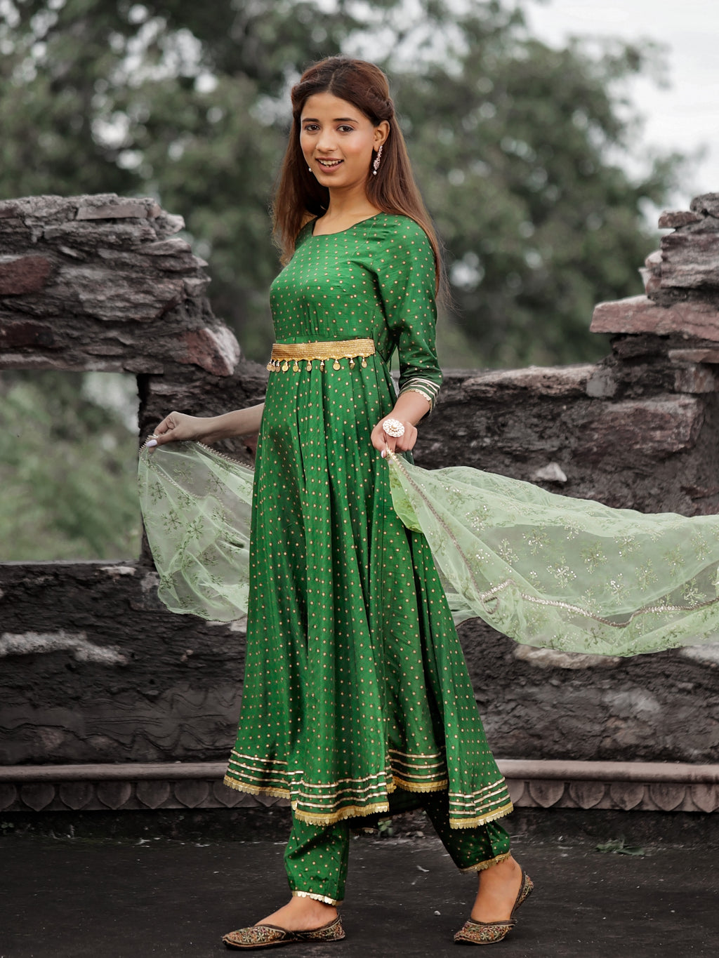 Green Gold Printed Anarkali Kurti with Belt and Narrow Pant Paired with Dupatta.