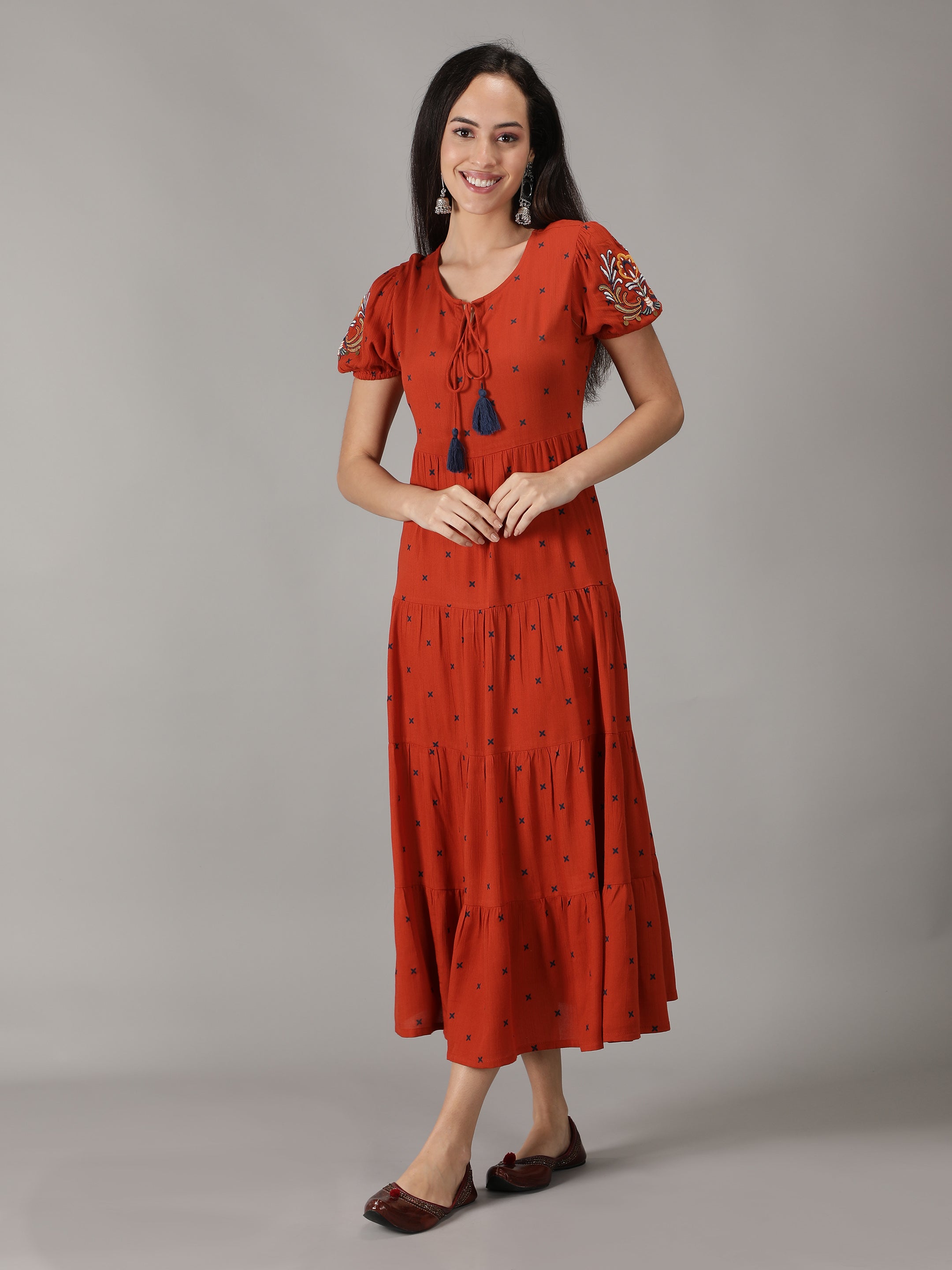 Rust Viscose Embroidered Tiered Dress
