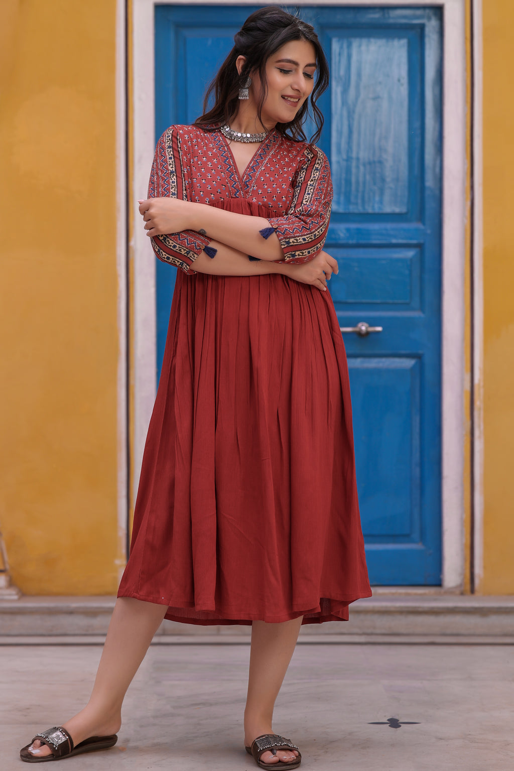 Maroon Cotton Floral Printed Flared Dress