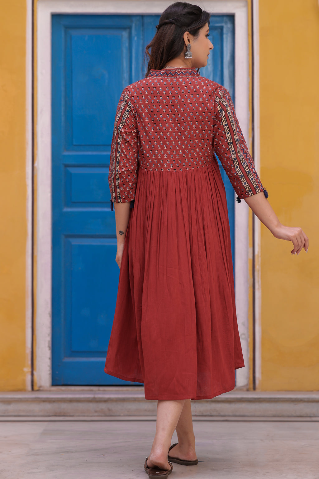 Maroon Cotton Floral Printed Flared Dress