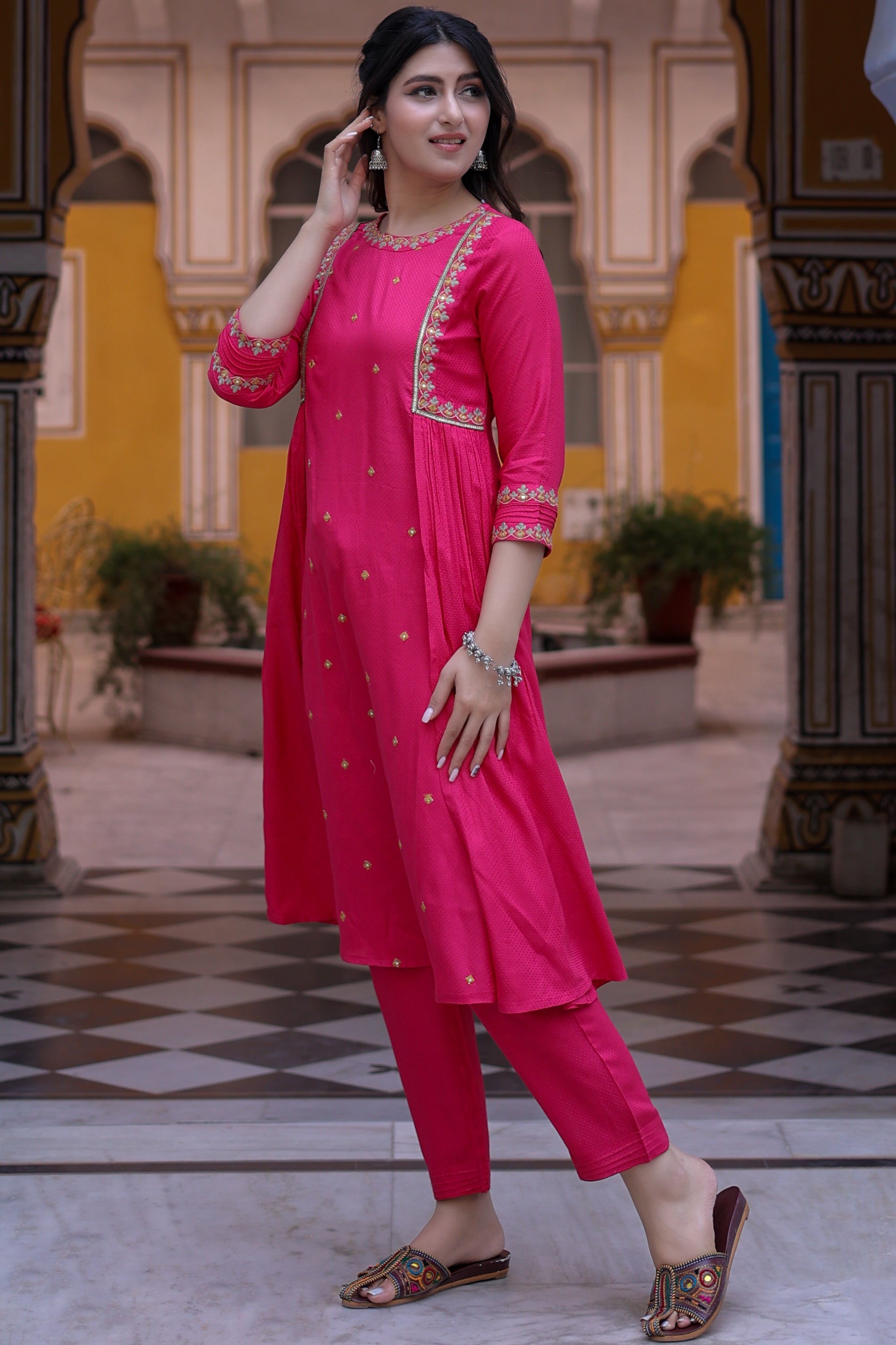 Pink Embroidered A-Line Kurta with Narrow Pant.