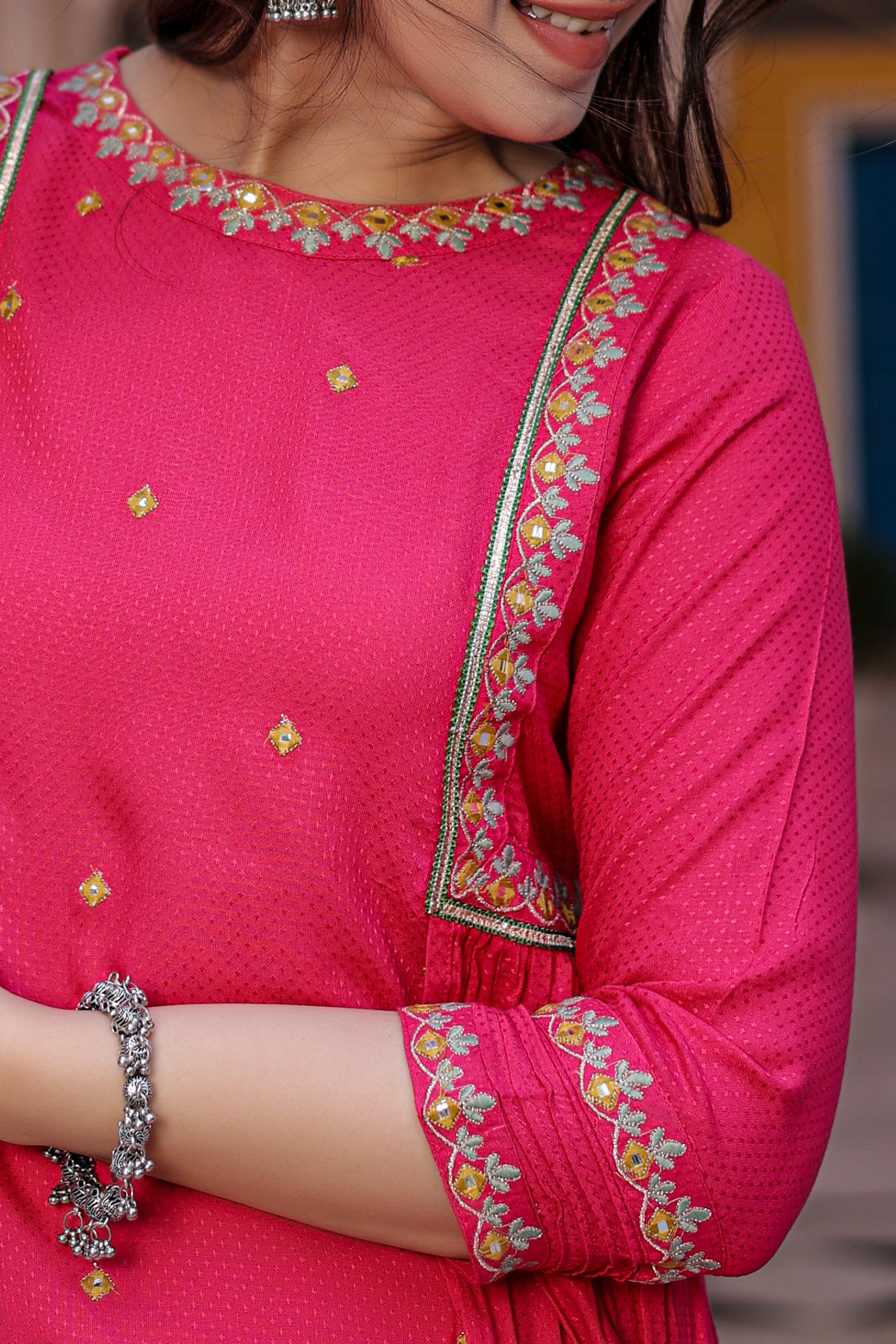 Pink Embroidered A-Line Kurta with Narrow Pant.