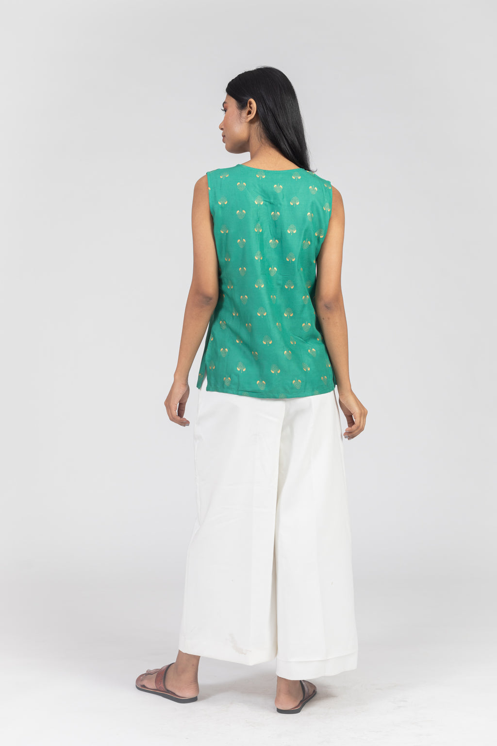 Green Viscose Gold Printed Women Top