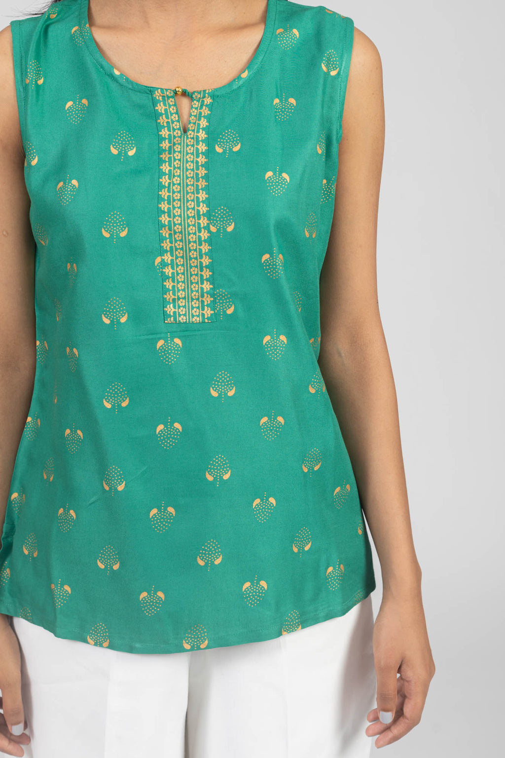 Green Viscose Gold Printed Women Top