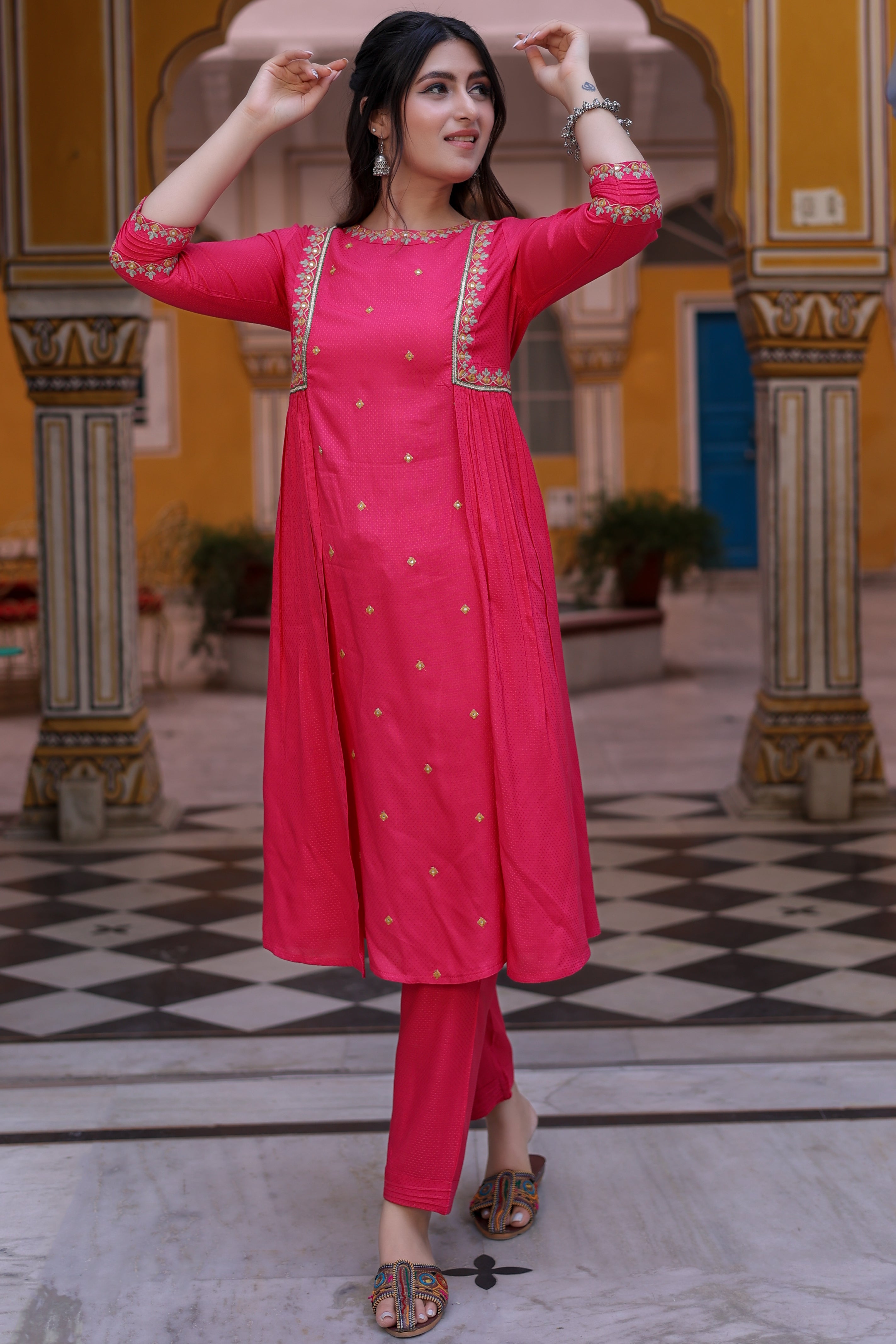 Pink Embroidered A-Line Kurta with Narrow Pant.
