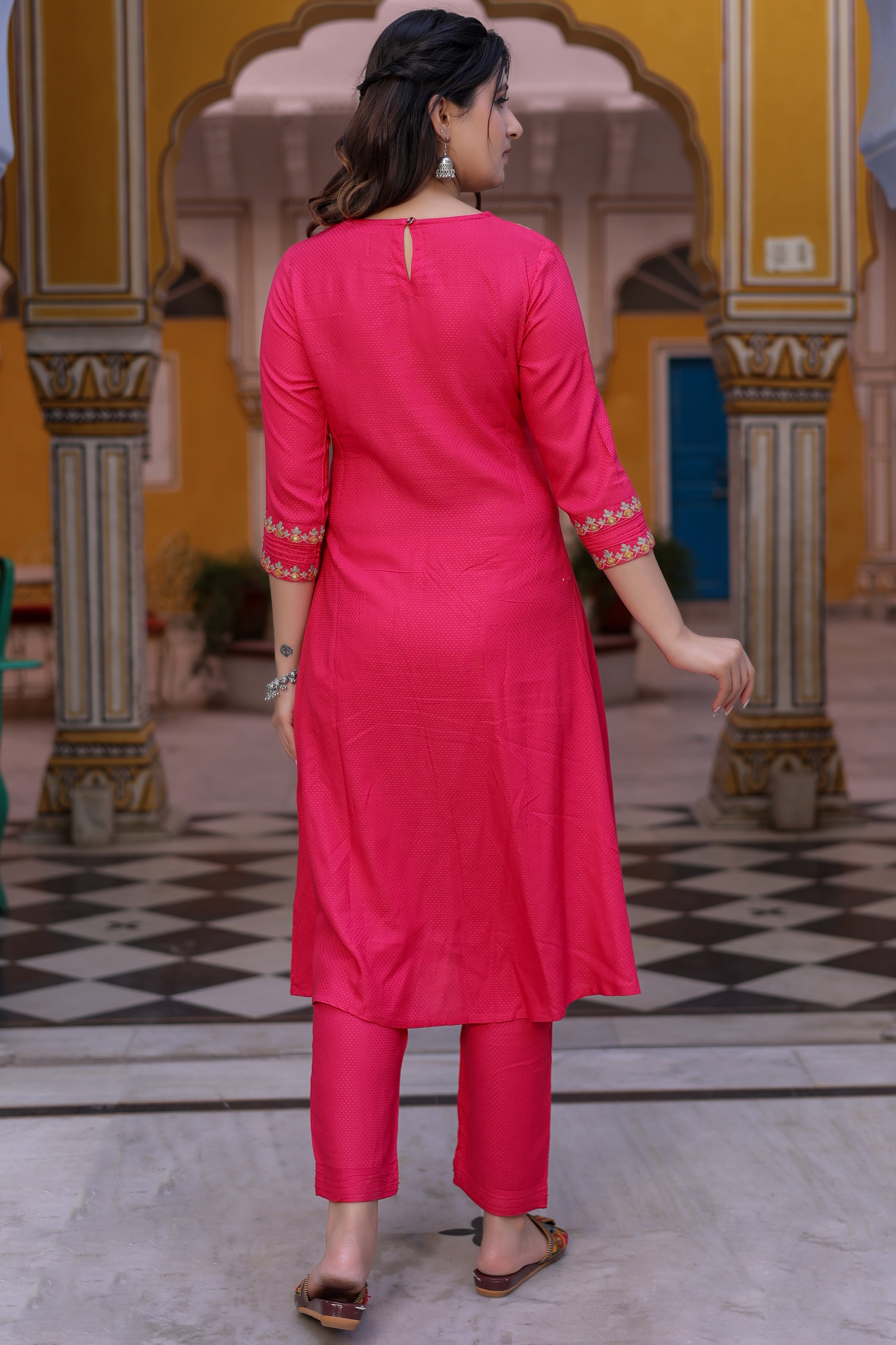 Pink Embroidered A-Line Kurta with Narrow Pant.