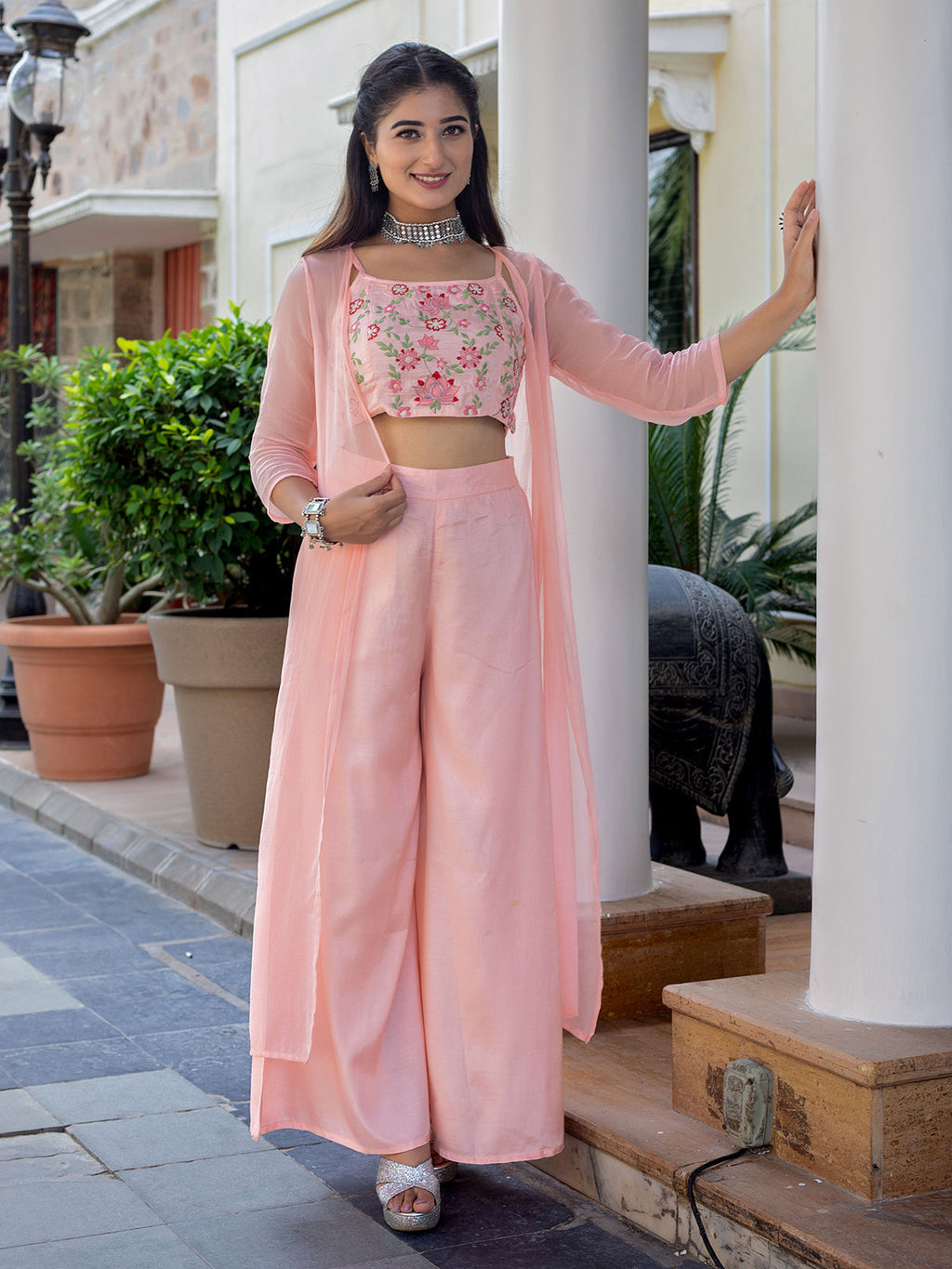 PEACH PINK CO-ORD SET WITH COLORFUL FLORAL EMBROIDERY ON CROP TOP