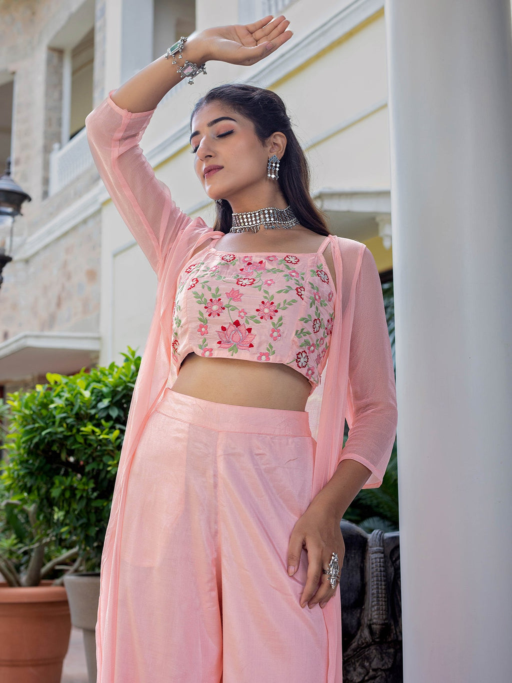 PEACH PINK CO-ORD SET WITH COLORFUL FLORAL EMBROIDERY ON CROP TOP