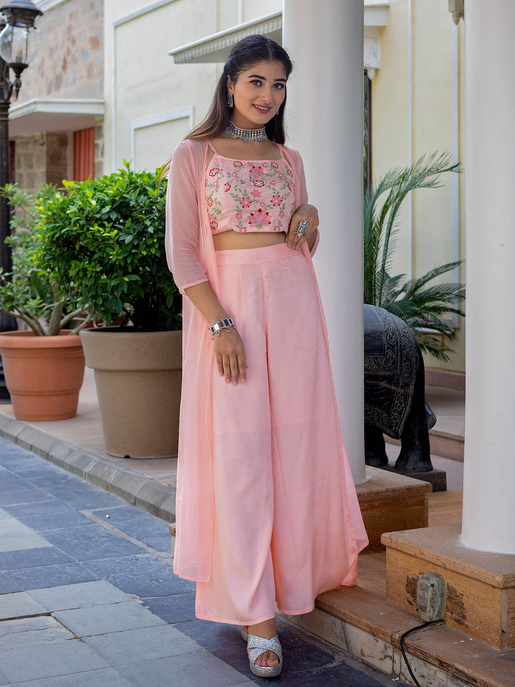 PEACH PINK CO-ORD SET WITH COLORFUL FLORAL EMBROIDERY ON CROP TOP