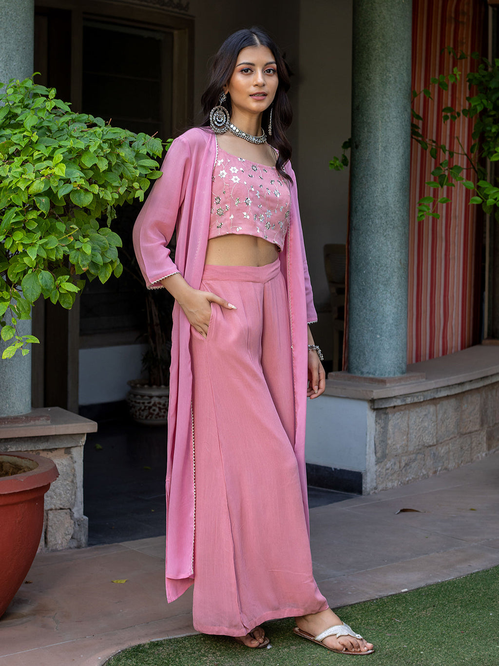 PINK CO-ORD SET WITH EMBROIDERED JAAL ON CROP TOP