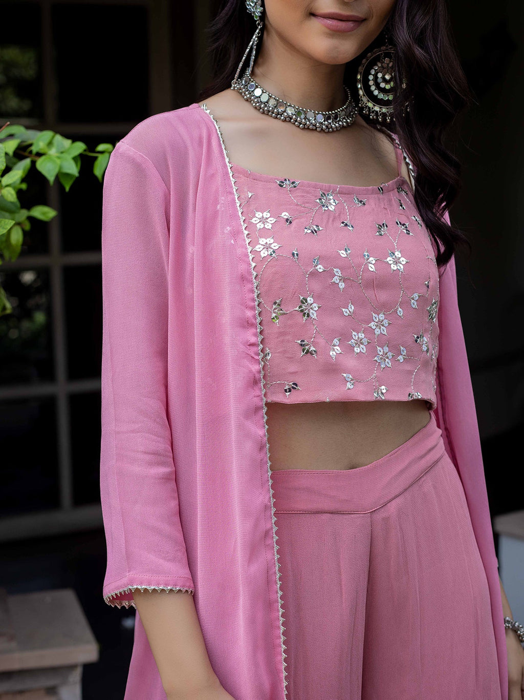 PINK CO-ORD SET WITH EMBROIDERED JAAL ON CROP TOP