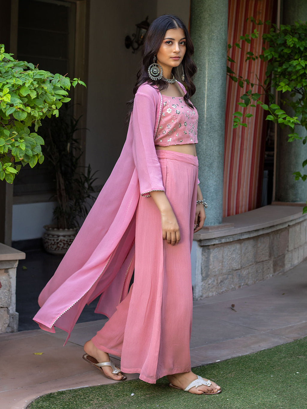 PINK CO-ORD SET WITH EMBROIDERED JAAL ON CROP TOP