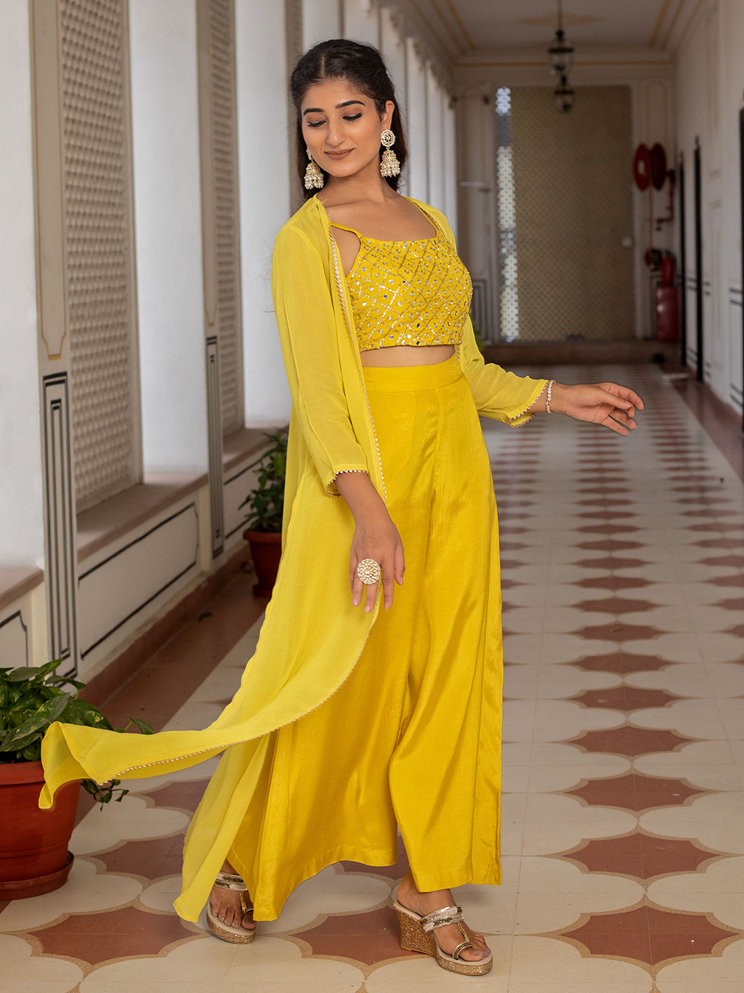 MUSTARD CO-ORD SET FOR WOMEN WITH MIRROR WORK