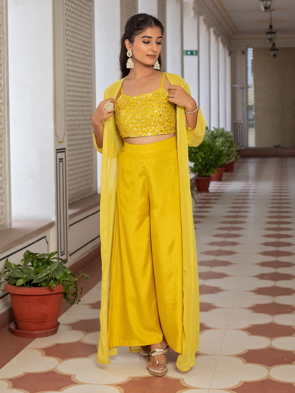 MUSTARD CO-ORD SET FOR WOMEN WITH MIRROR WORK