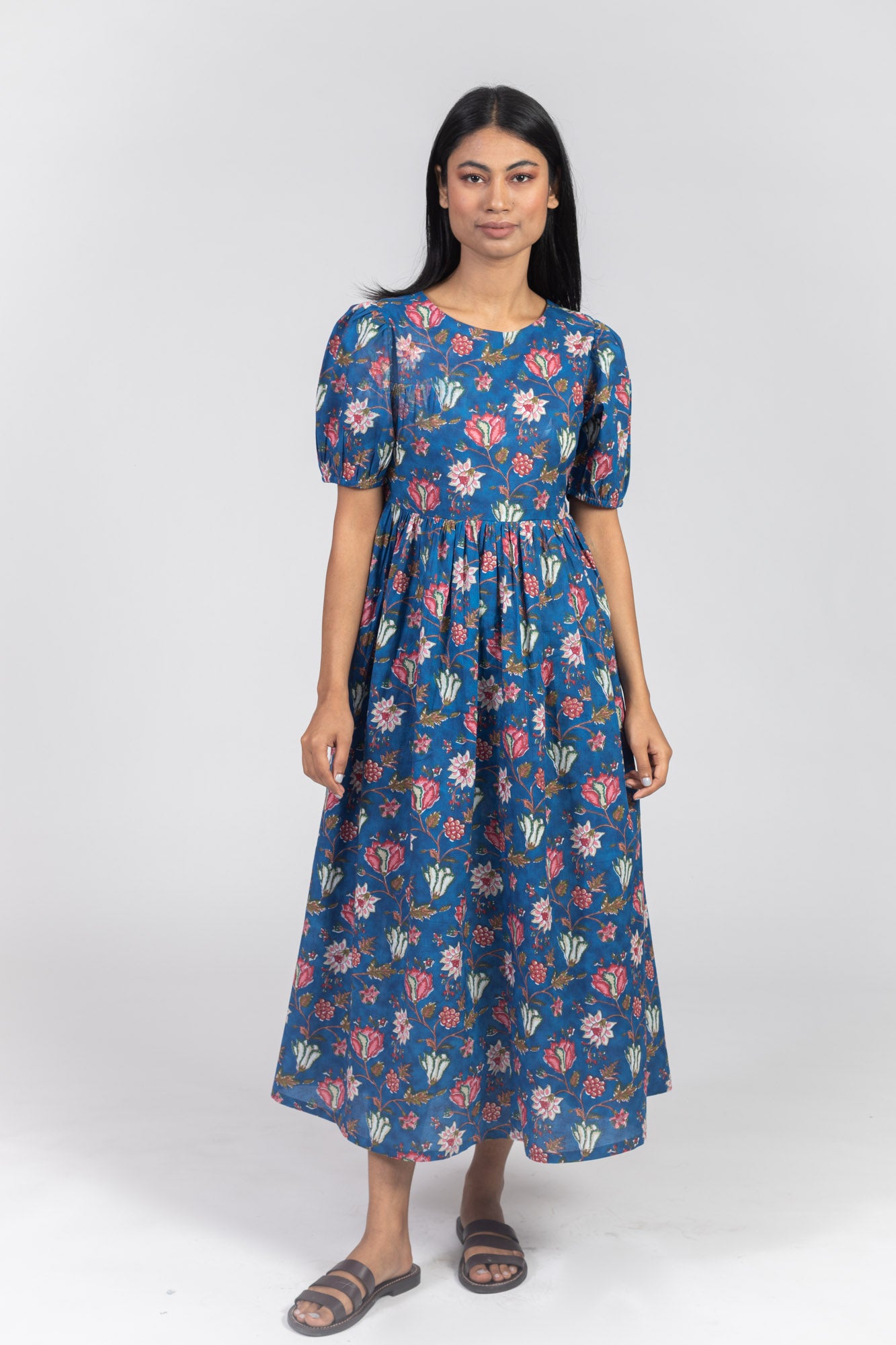blue-cotton-floral-printed-flared-dress