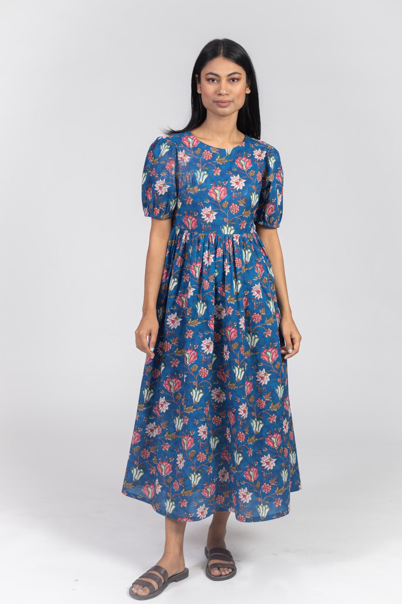 Blue Cotton Floral Printed Flared Dress
