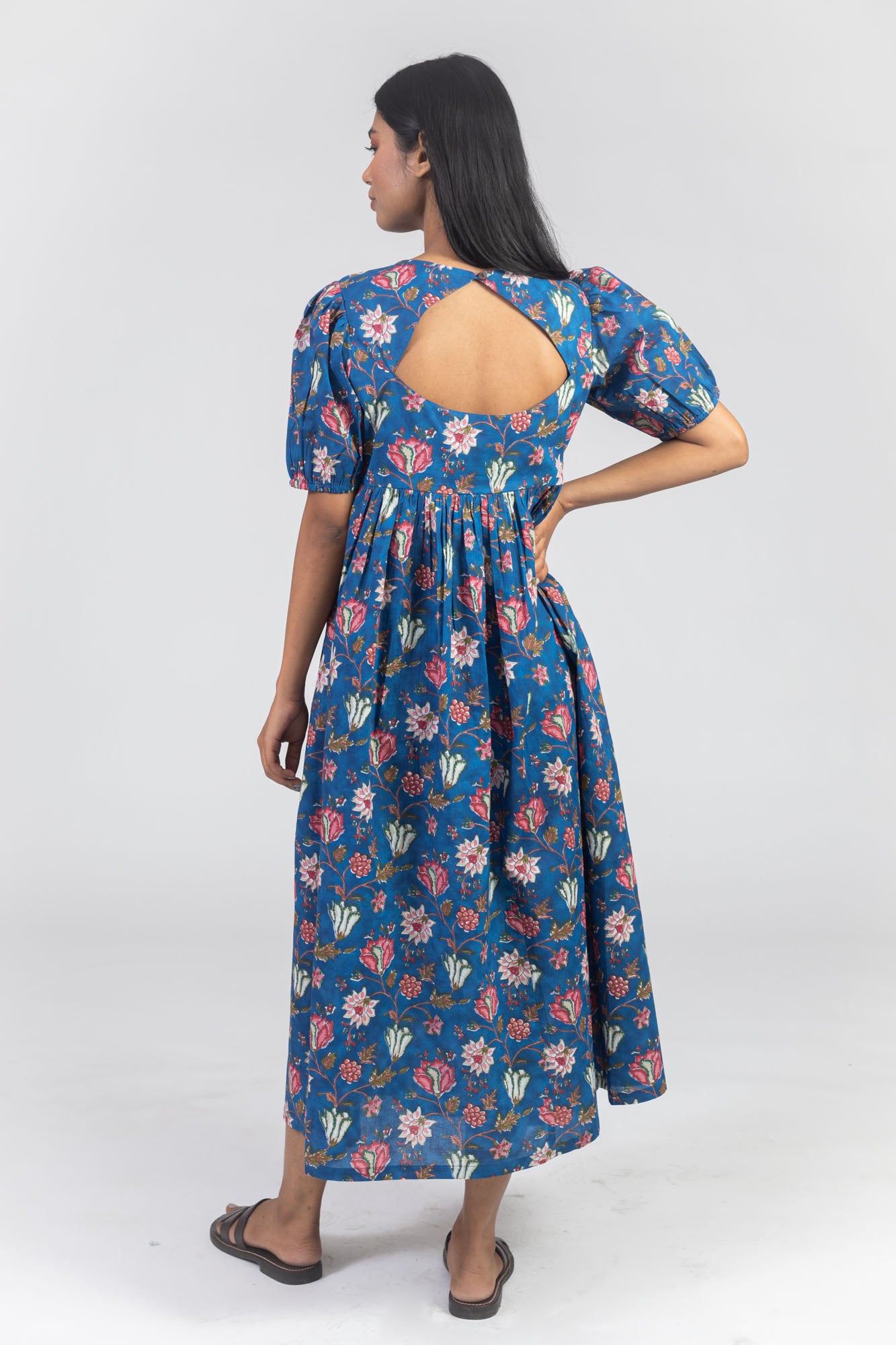 Blue Cotton Floral Printed Flared Dress