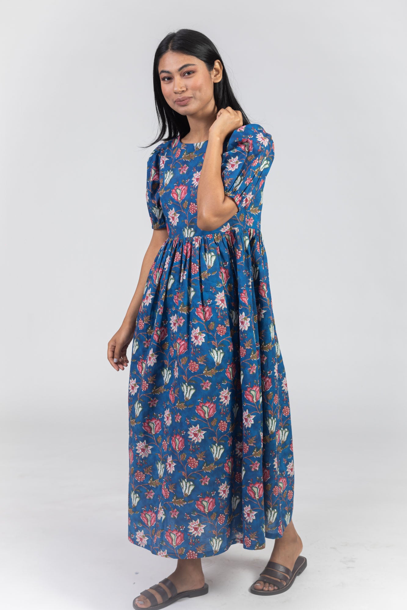 Blue Cotton Floral Printed Flared Dress