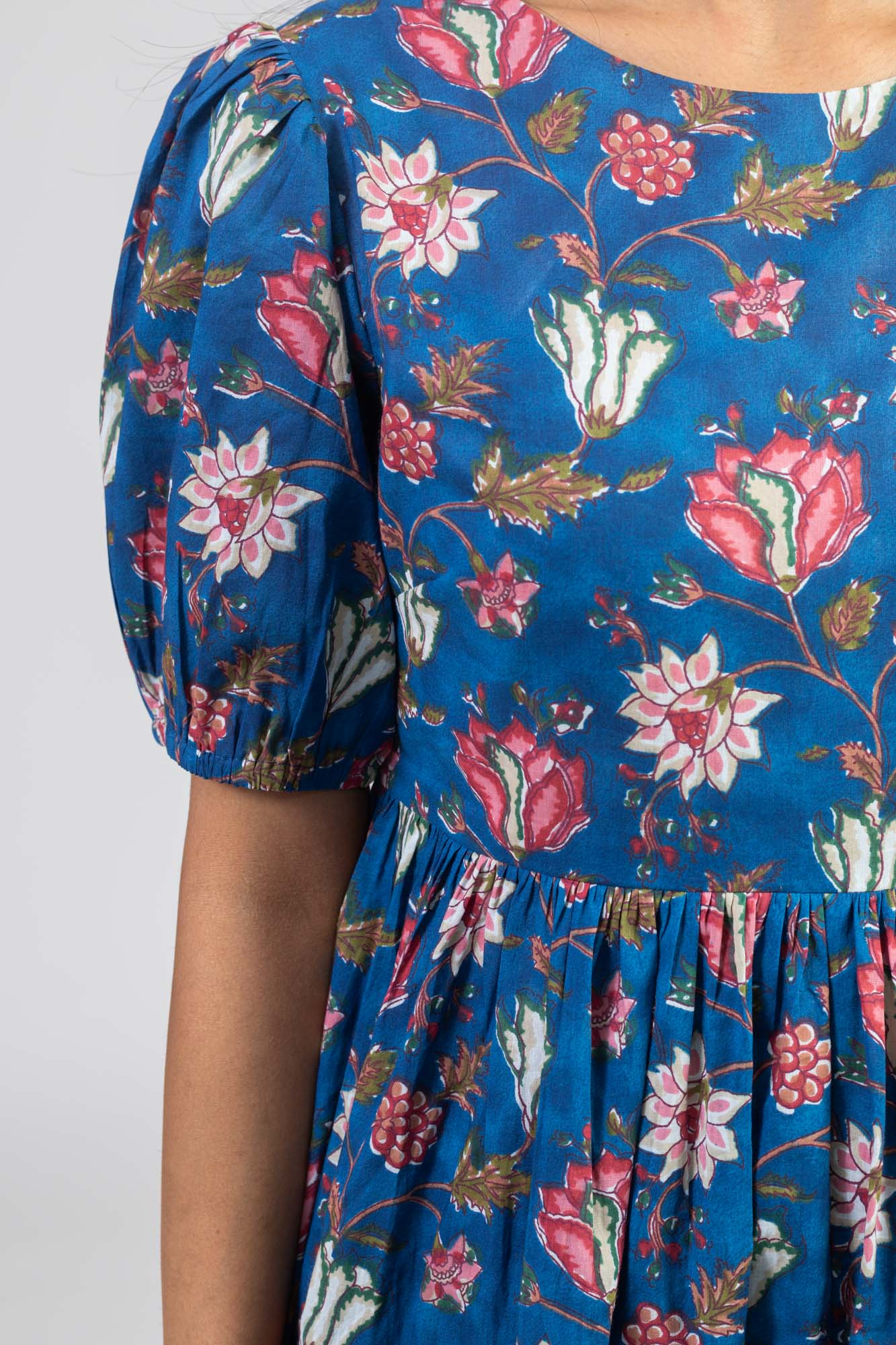 Blue Cotton Floral Printed Flared Dress