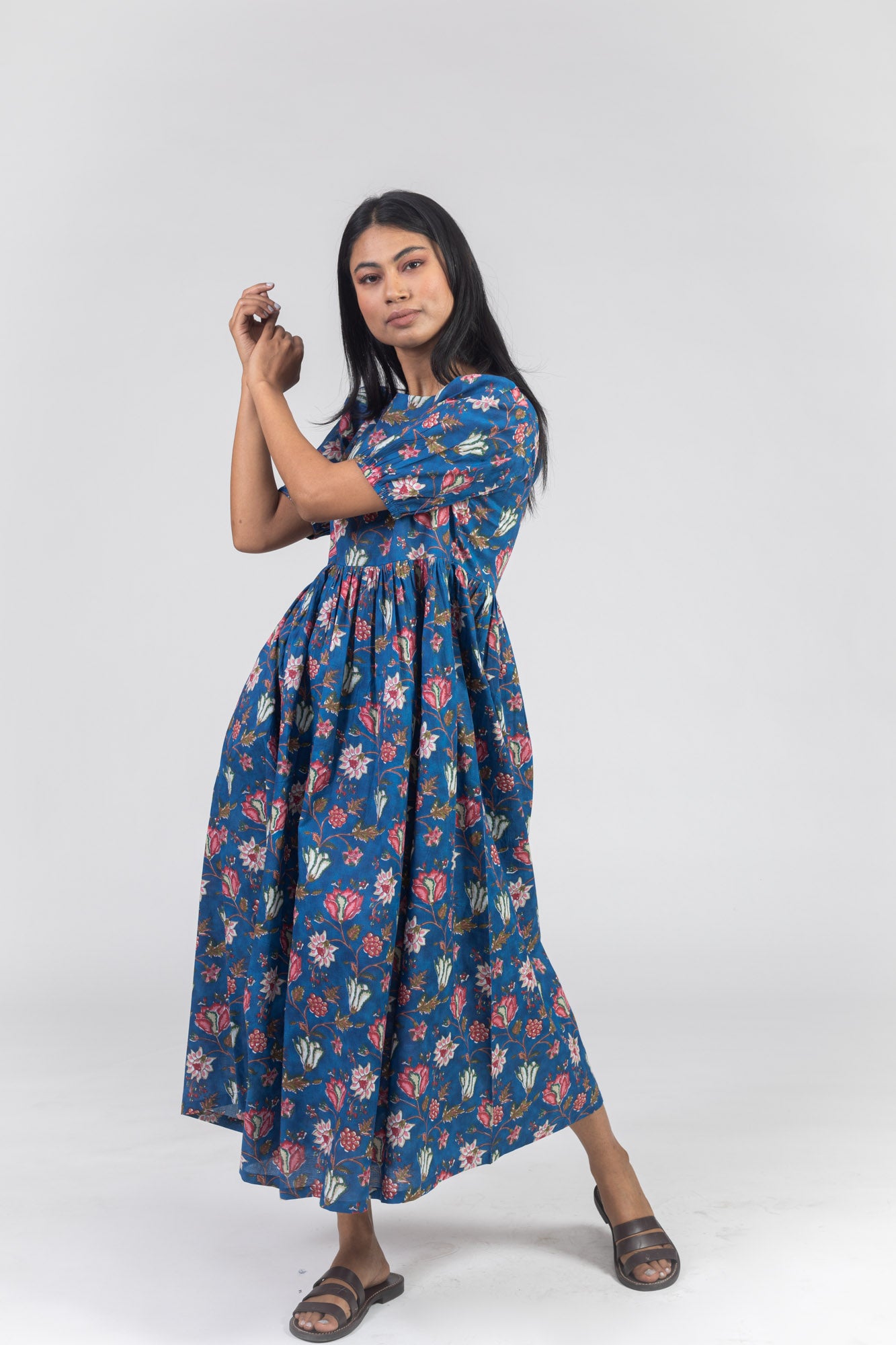 Blue Cotton Floral Printed Flared Dress