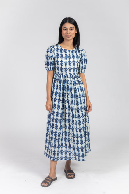 Blue Cotton Printed Flared Dress