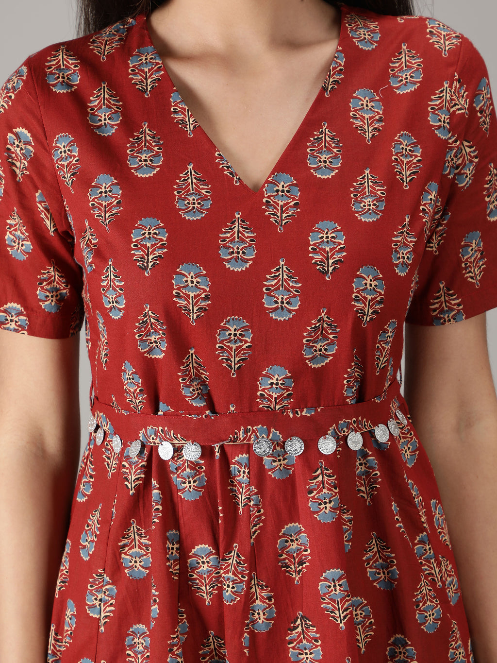 Maroon Cotton Floral Printed Flared Dress