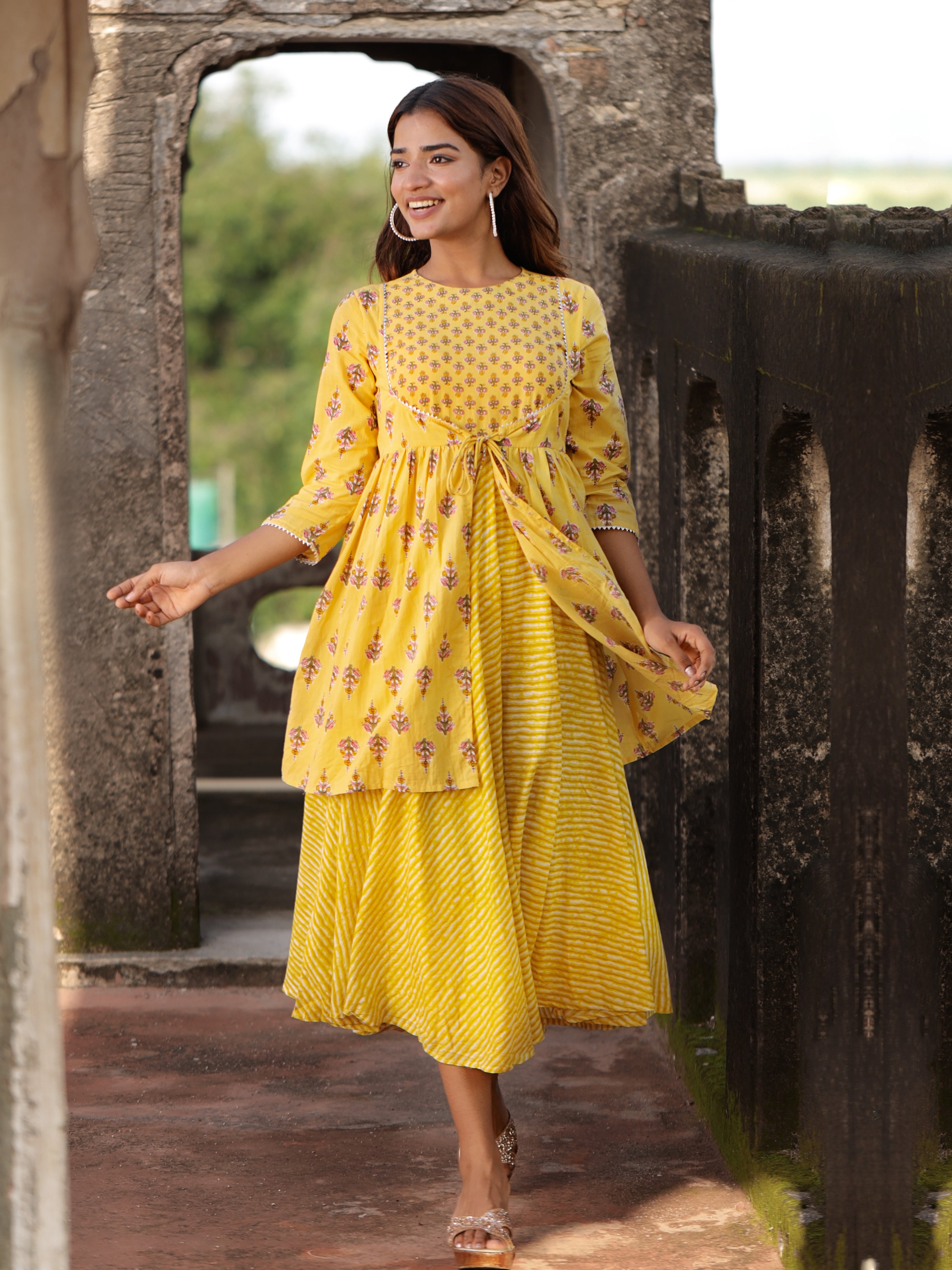 Yellow Cotton Floral Printed Flared Dress