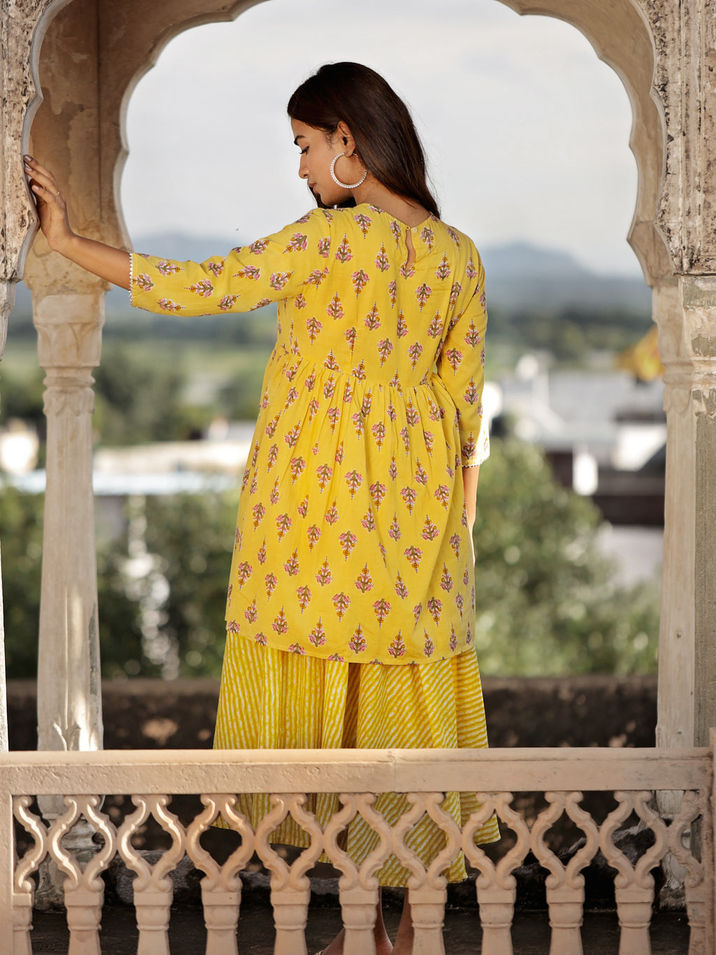 Yellow Cotton Floral Printed Flared Dress