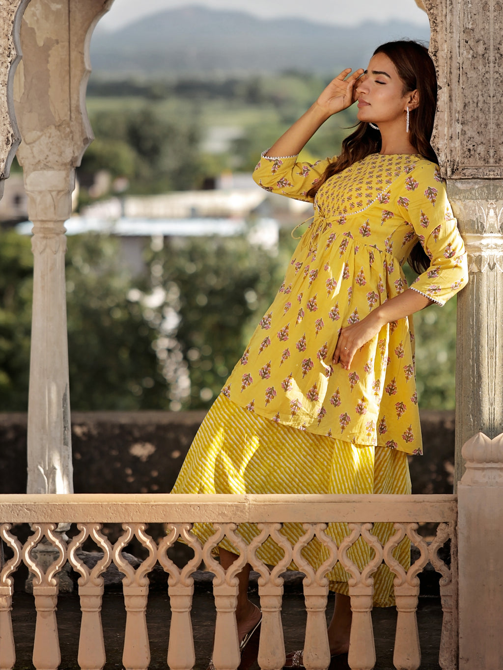 Yellow Cotton Floral Printed Flared Dress