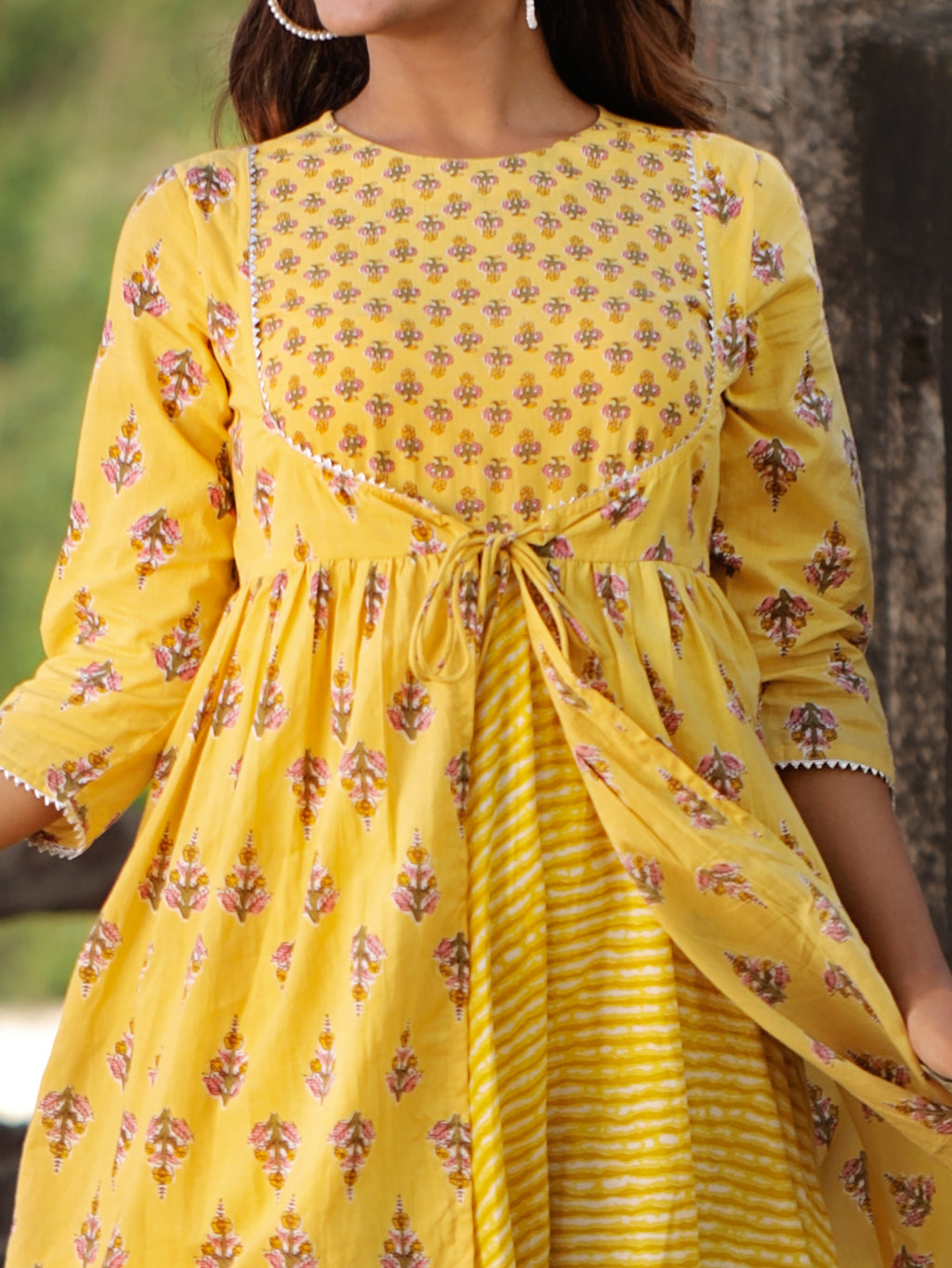 Yellow Cotton Floral Printed Flared Dress