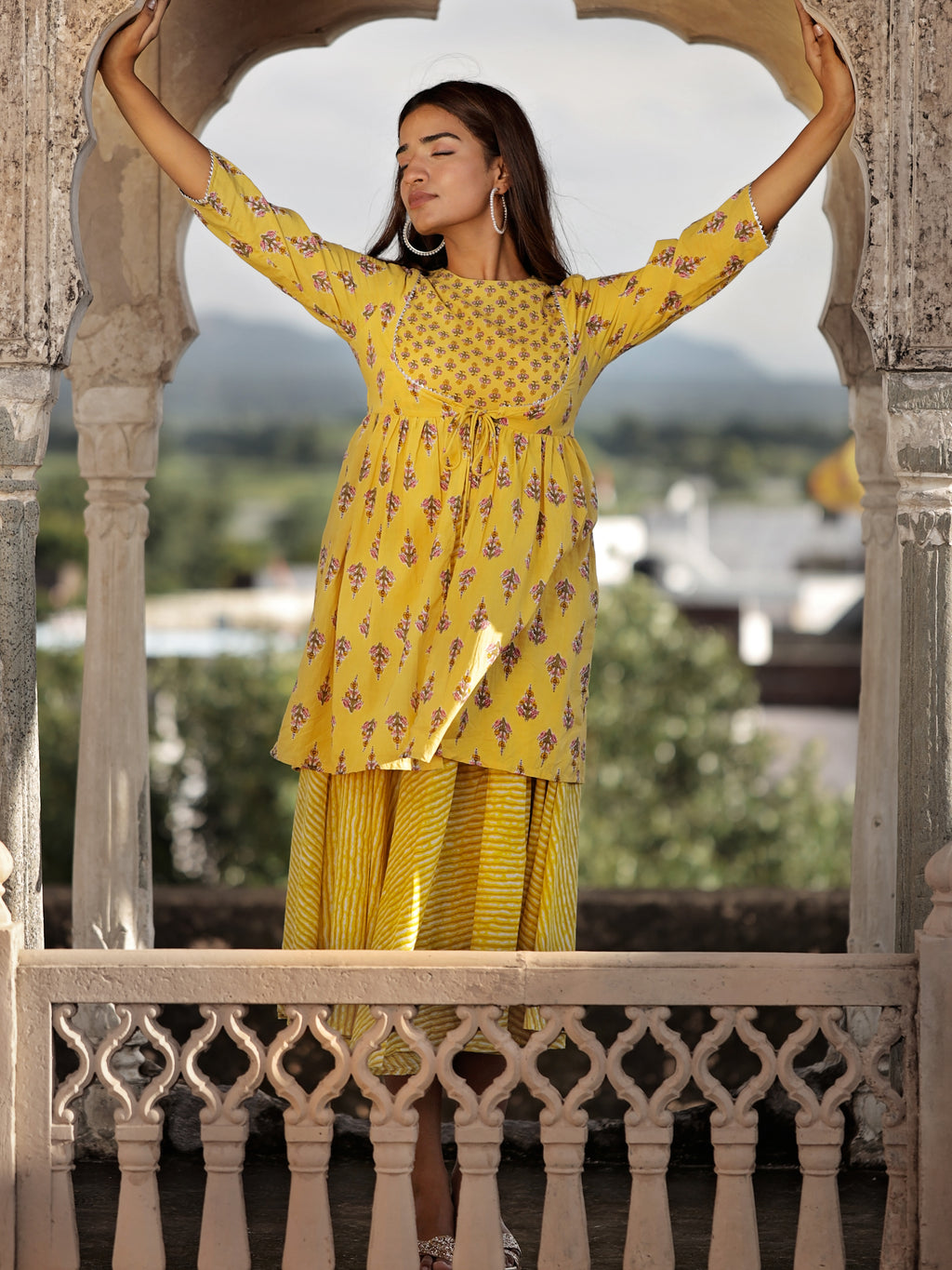 Yellow Cotton Floral Printed Flared Dress