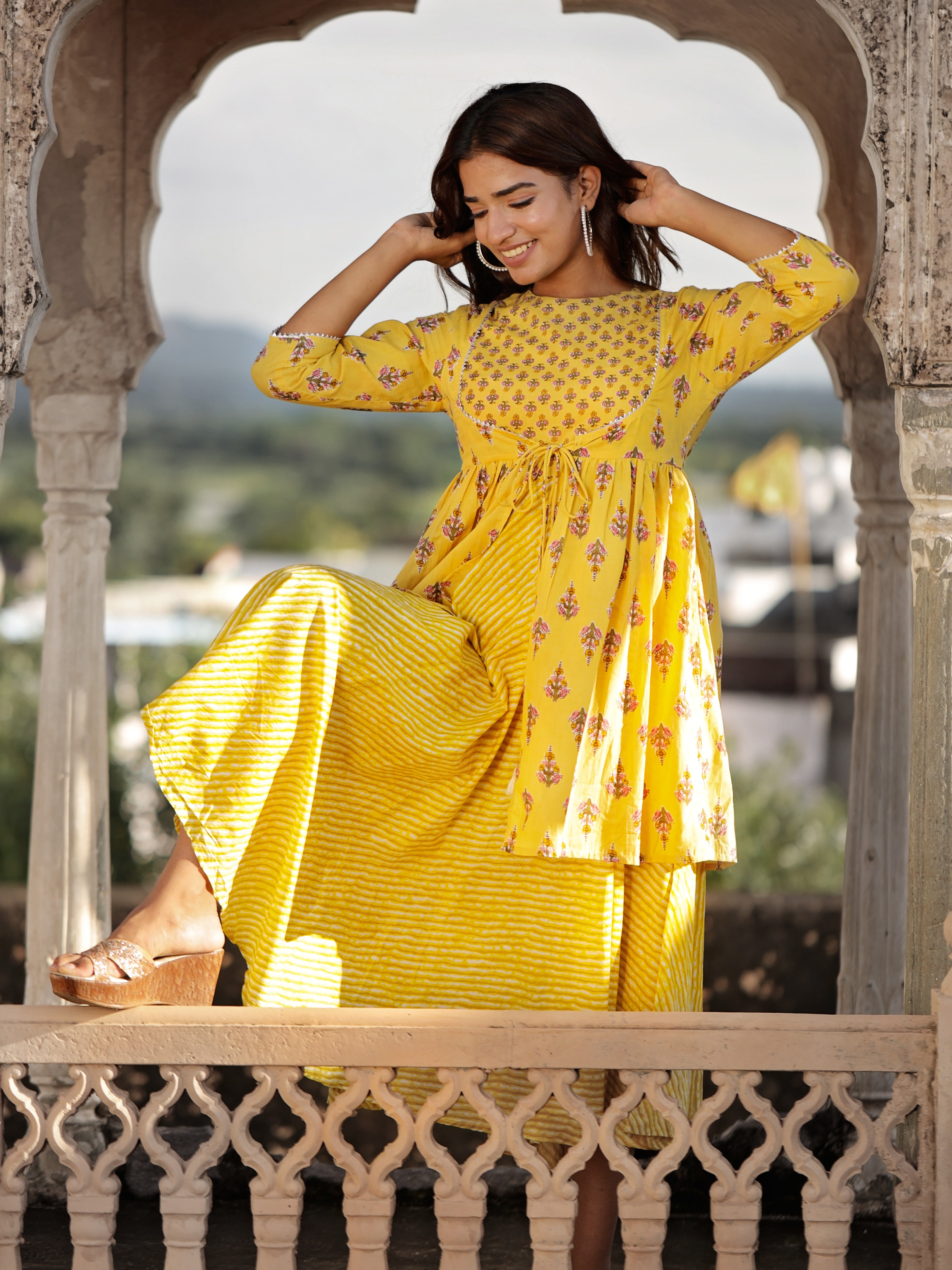 yellow-cotton-printed-layered-flared-dress