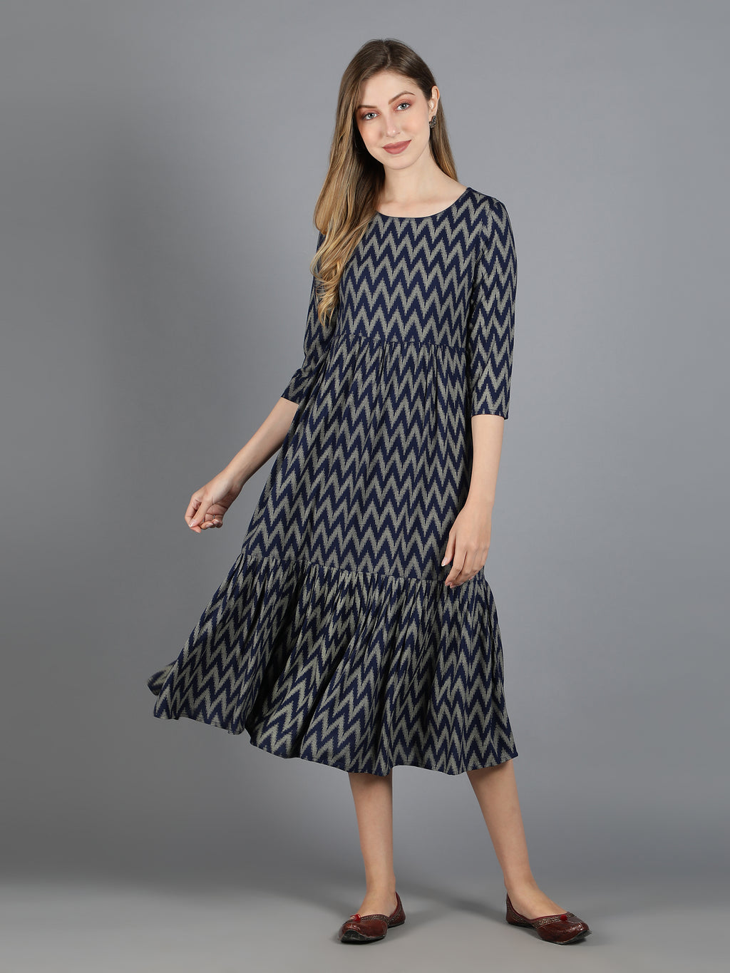 Navy Blue Viscose Printed Tiered Dress