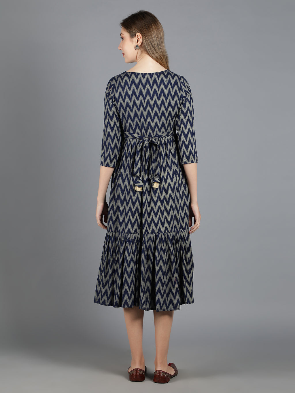 Navy Blue Viscose Printed Tiered Dress