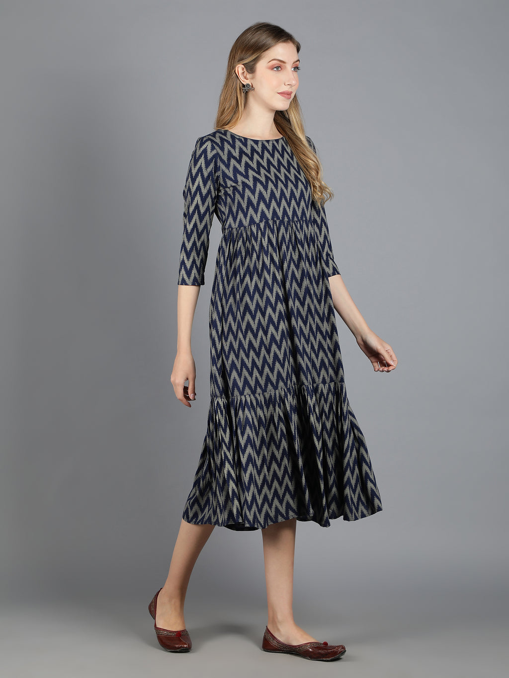 Navy Blue Viscose Printed Tiered Dress