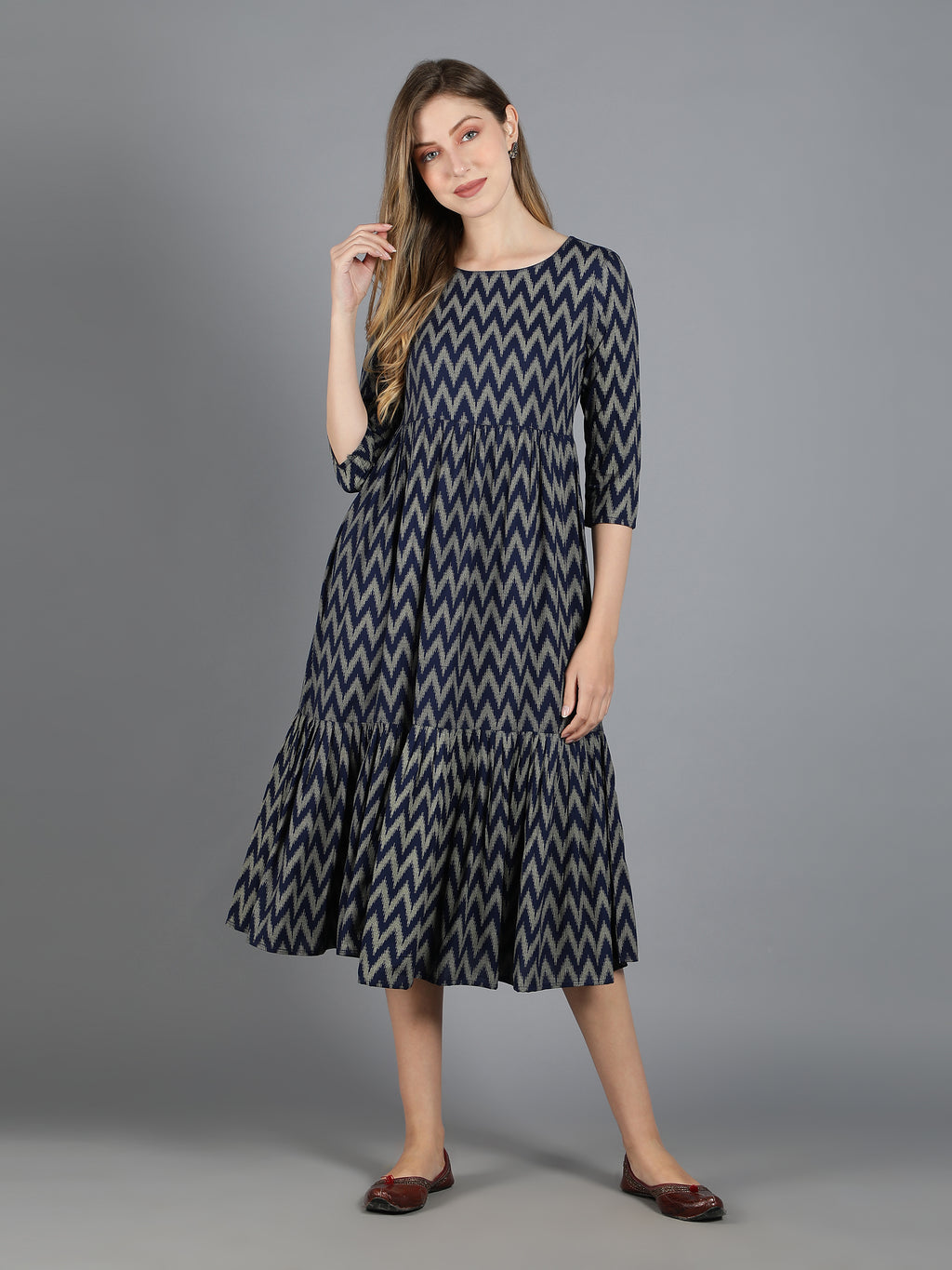 Navy Blue Viscose Printed Tiered Dress