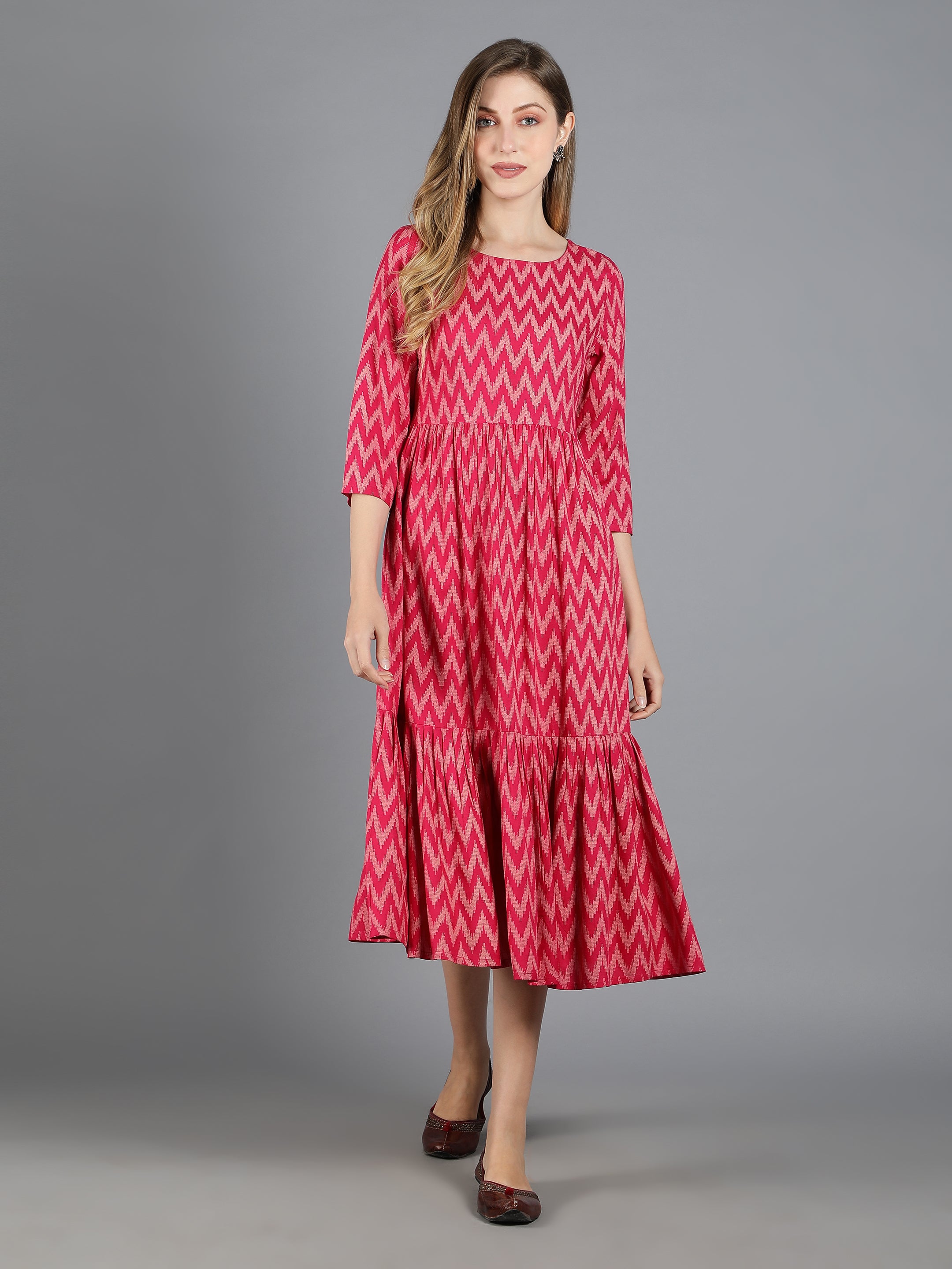 Pink Viscose Printed Tiered Dress