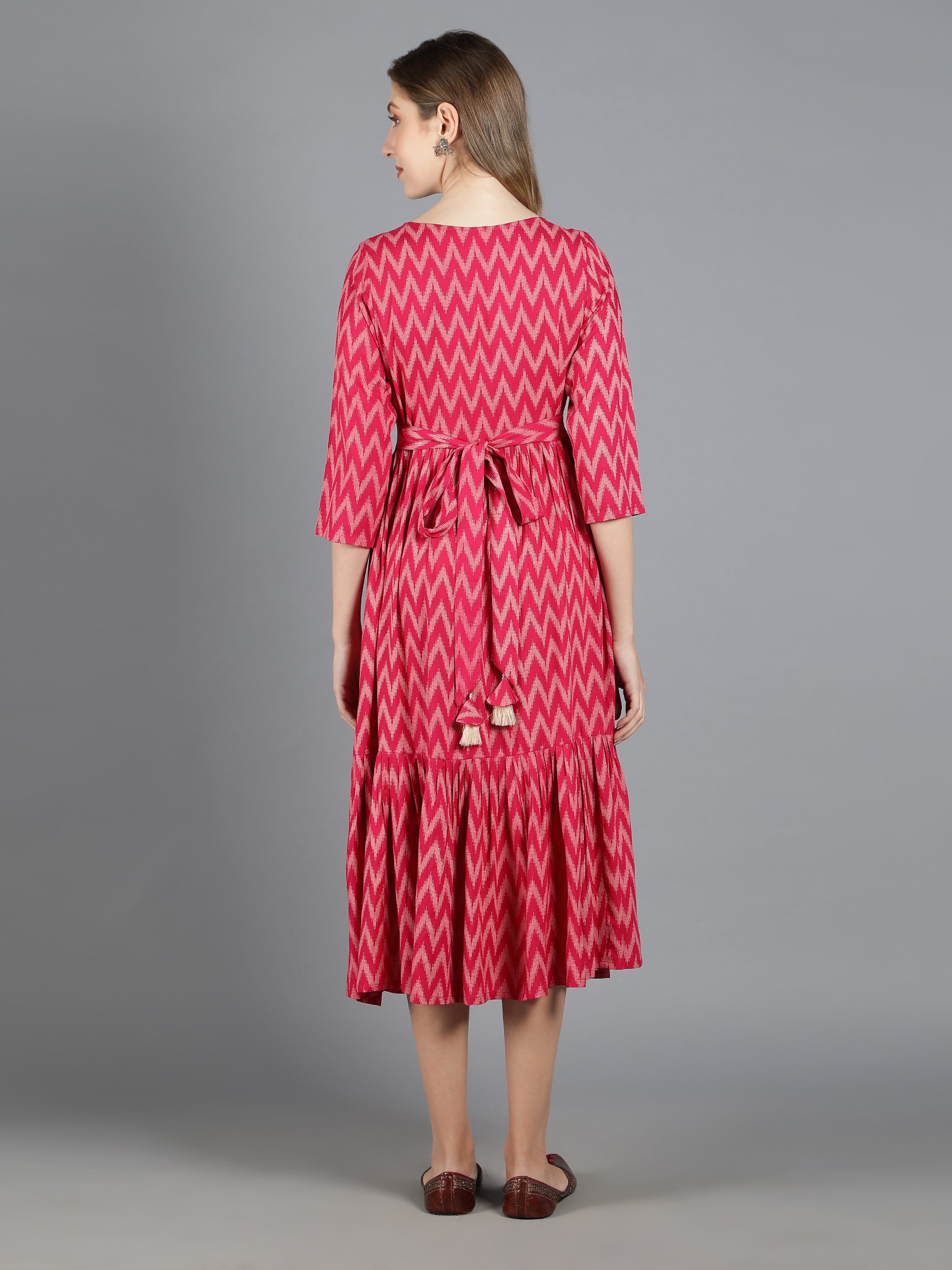 Pink Viscose Printed Tiered Dress