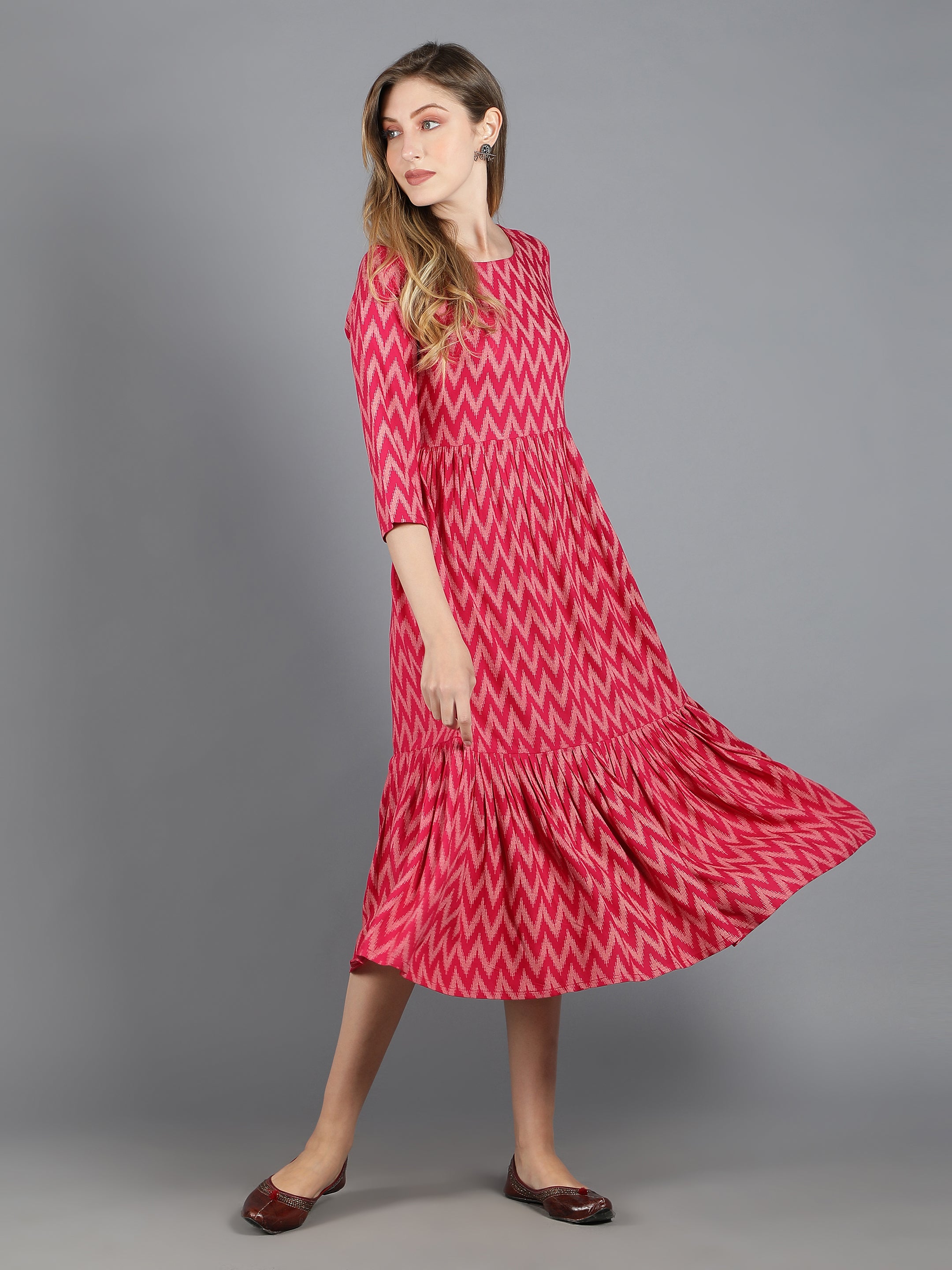 Pink Viscose Printed Tiered Dress