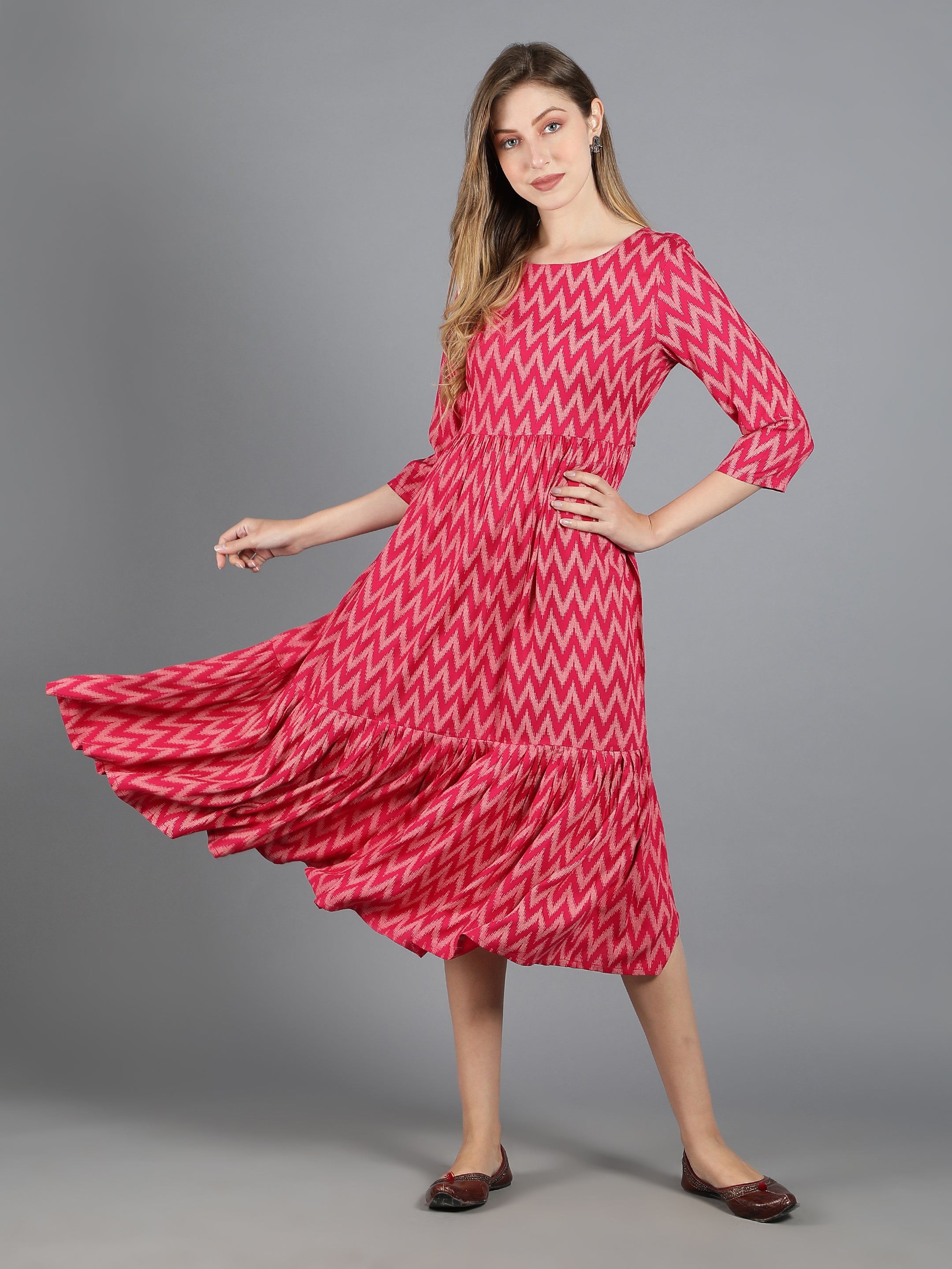 Pink Viscose Printed Tiered Dress