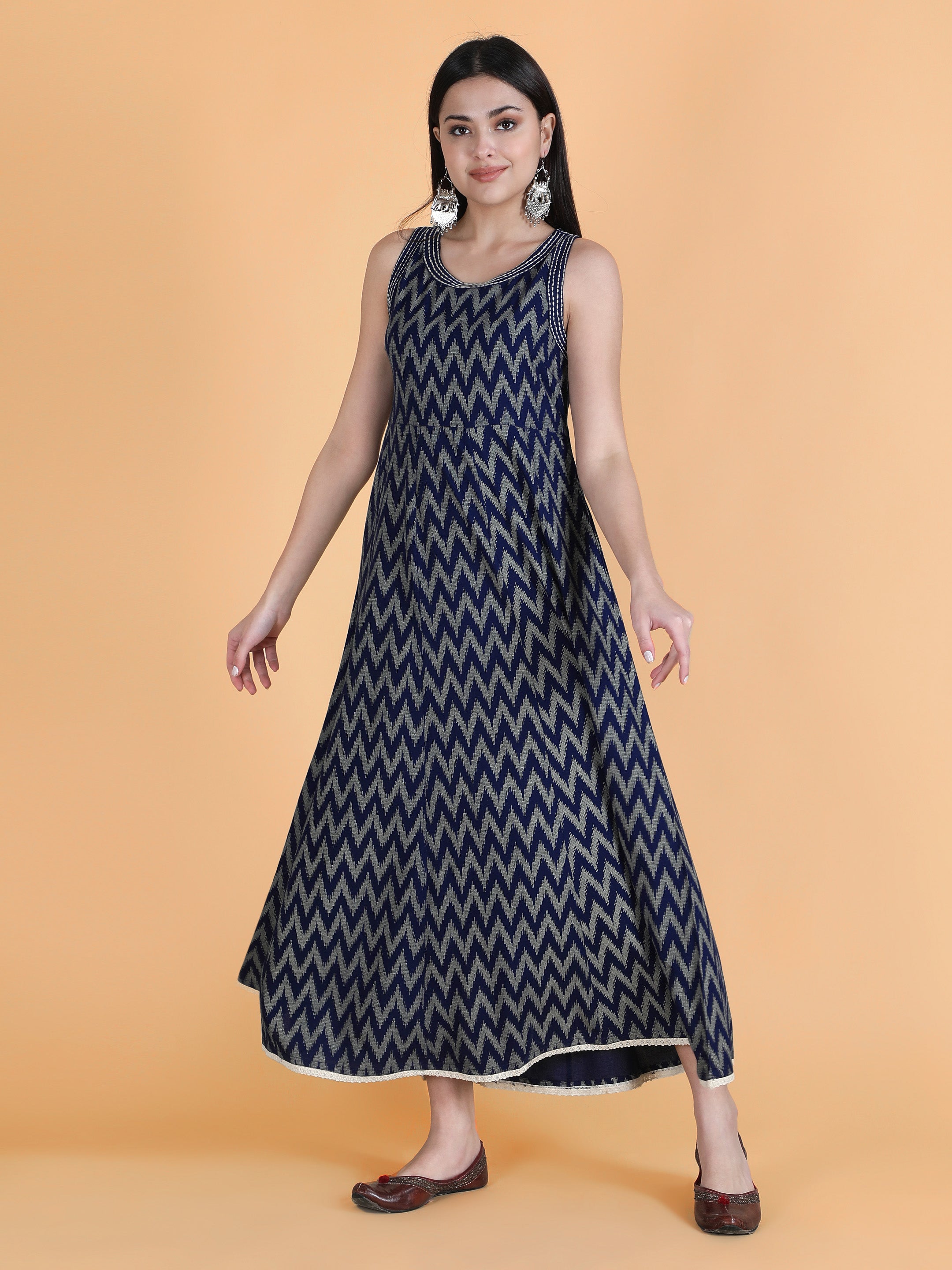 Navy Blue Viscose Printed Flared Dress