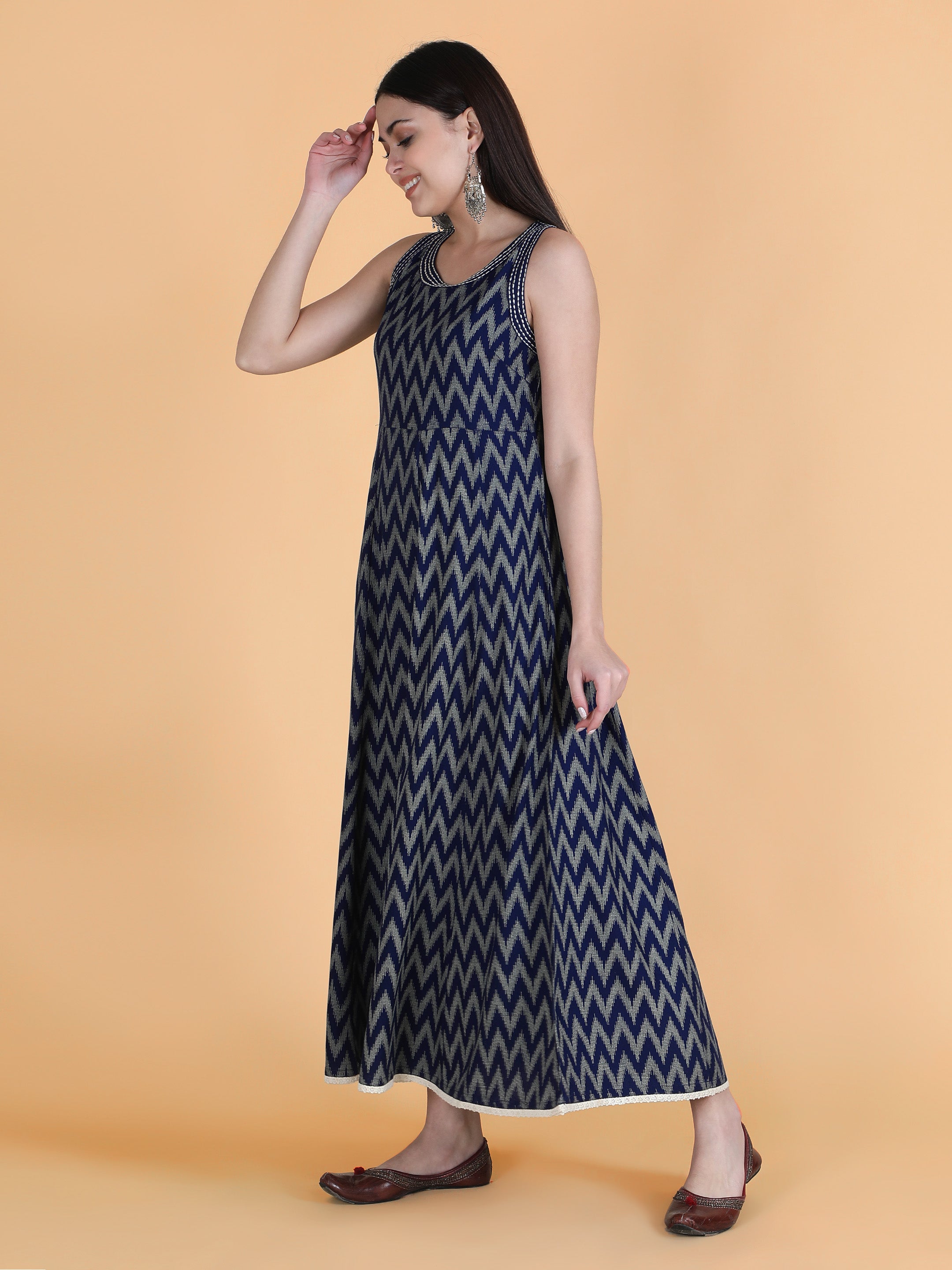 Navy Blue Viscose Printed Flared Dress