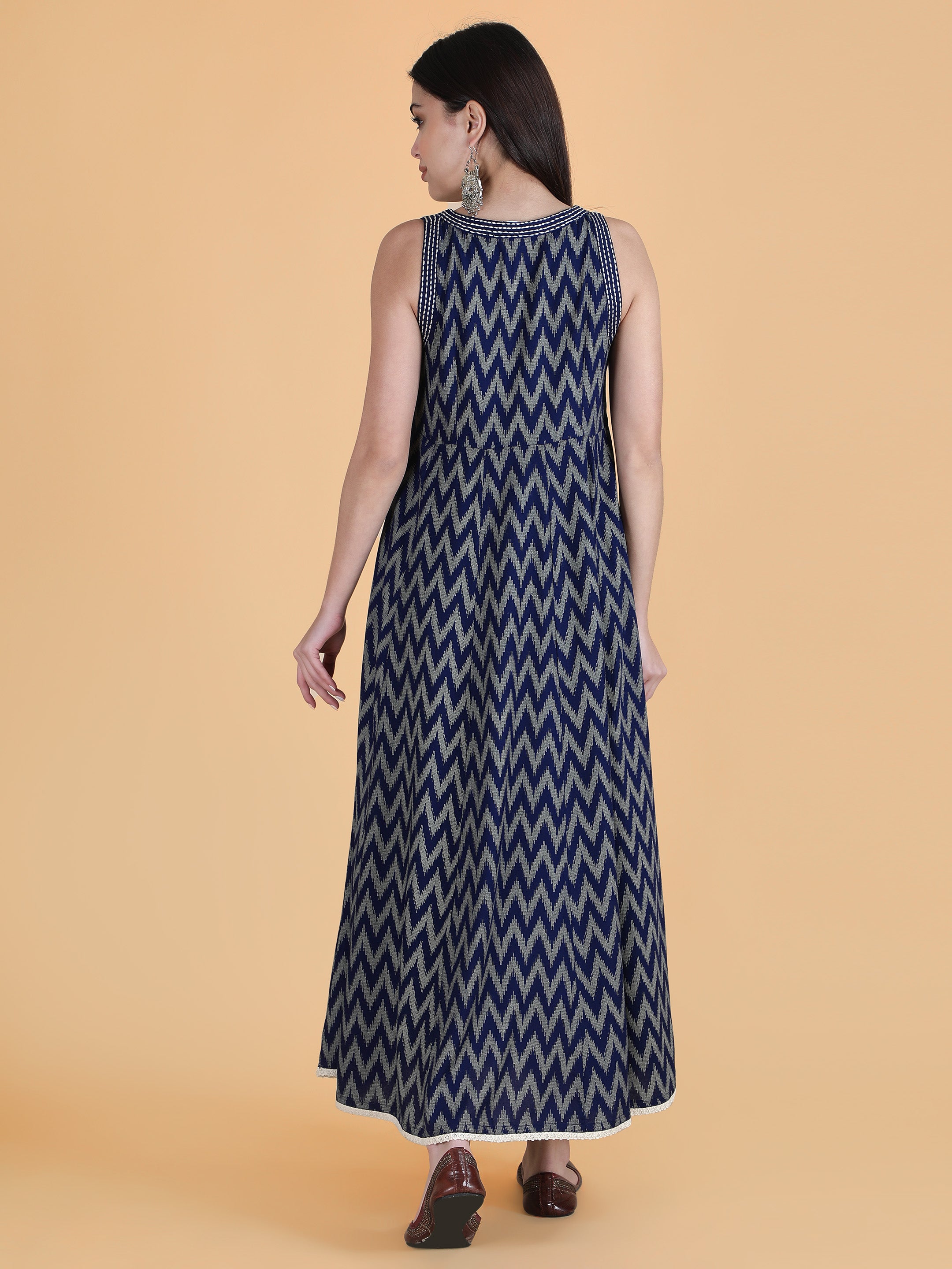 Navy Blue Viscose Printed Flared Dress