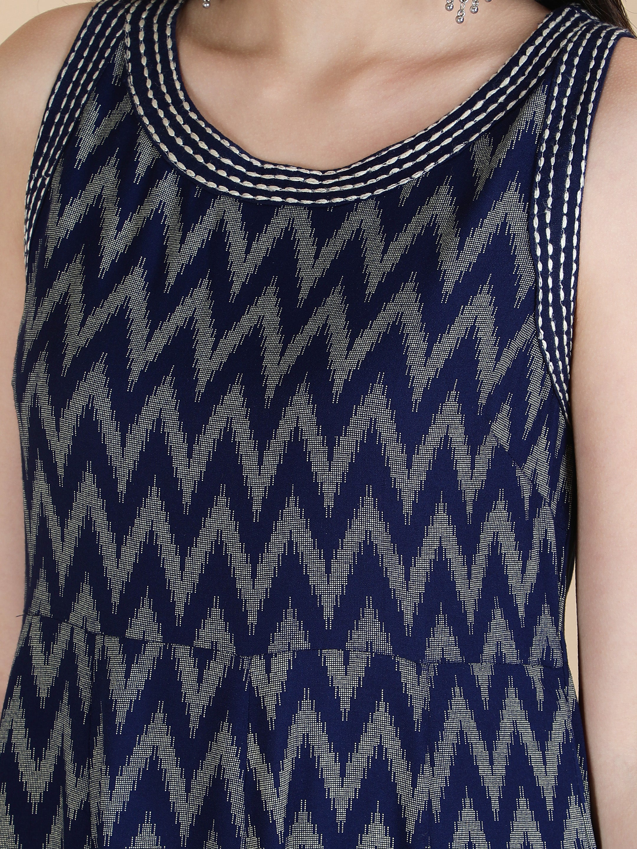 Navy Blue Viscose Printed Flared Dress