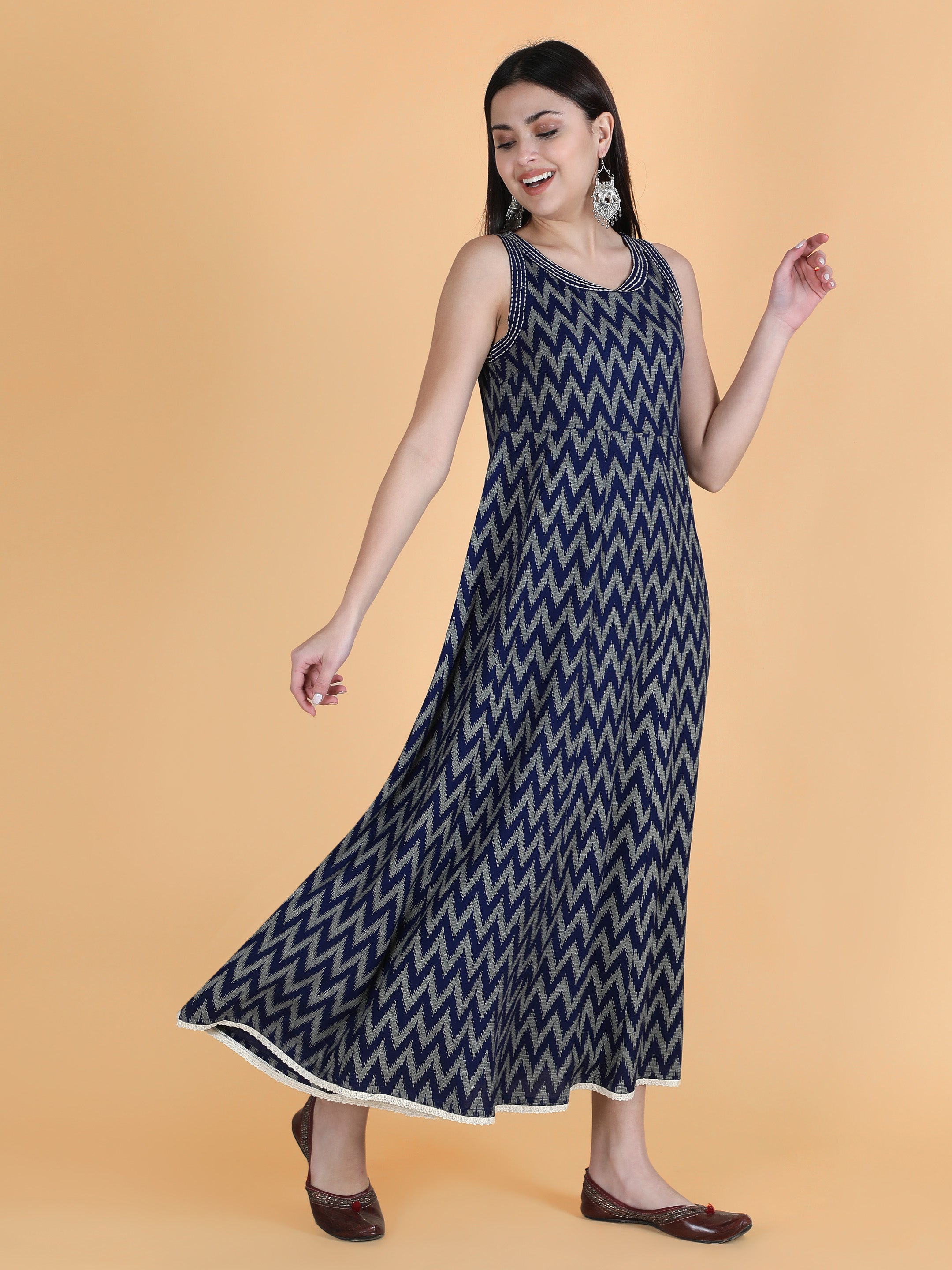 Navy Blue Viscose Printed Flared Dress