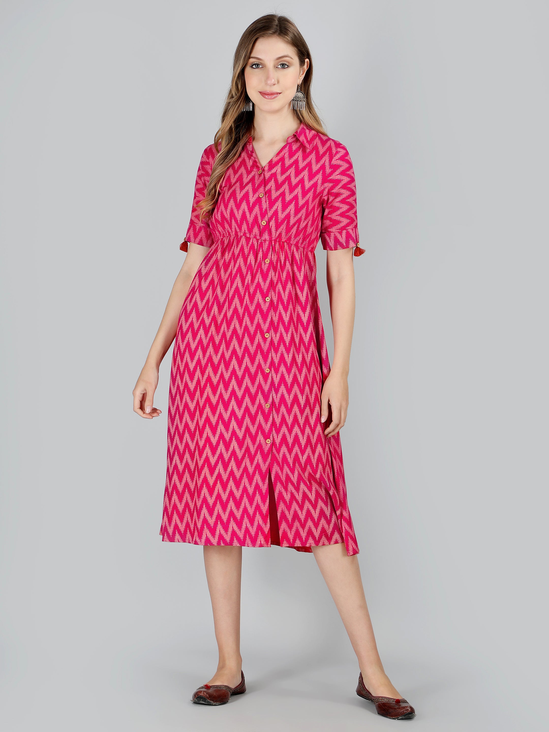 Pink Viscose Printed Flared Dress