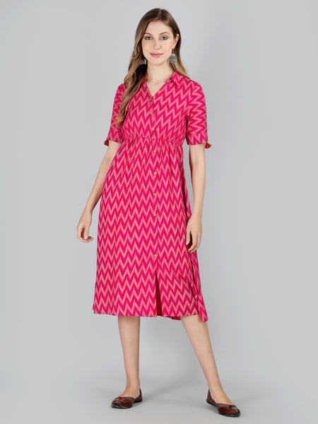 Pink Viscose Printed Flared Dress