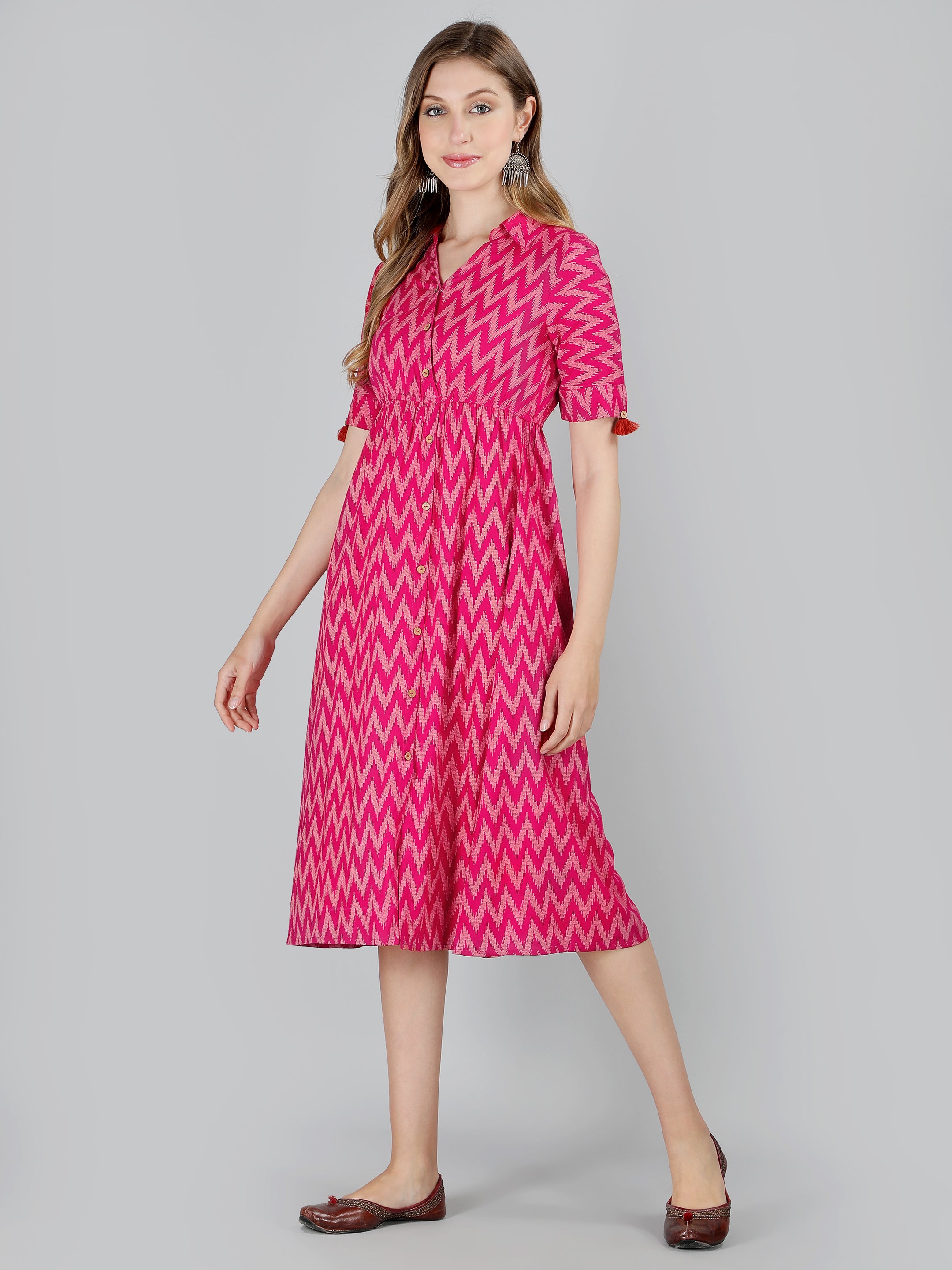 Pink Viscose Printed Flared Dress