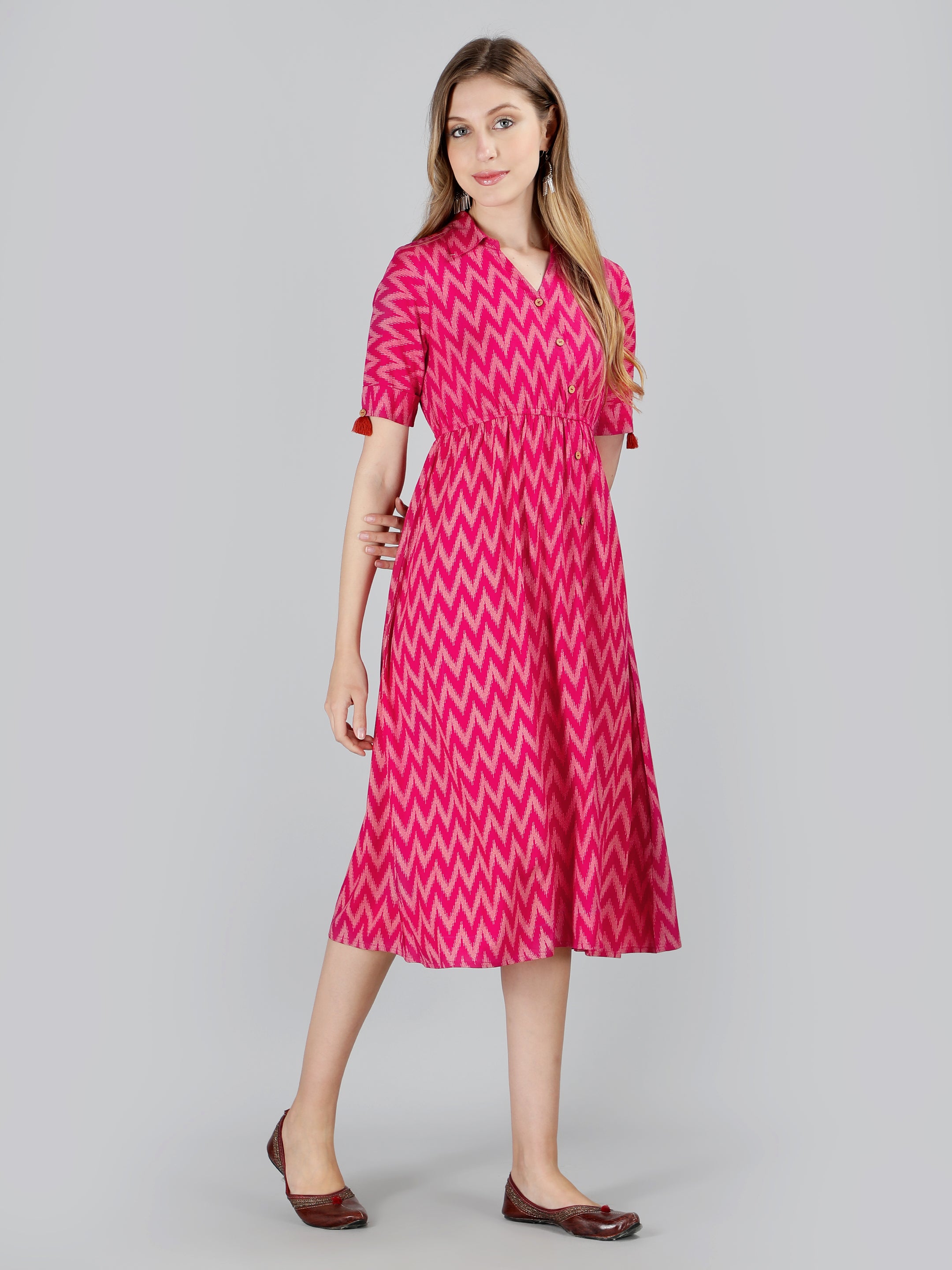 Pink Viscose Printed Flared Dress