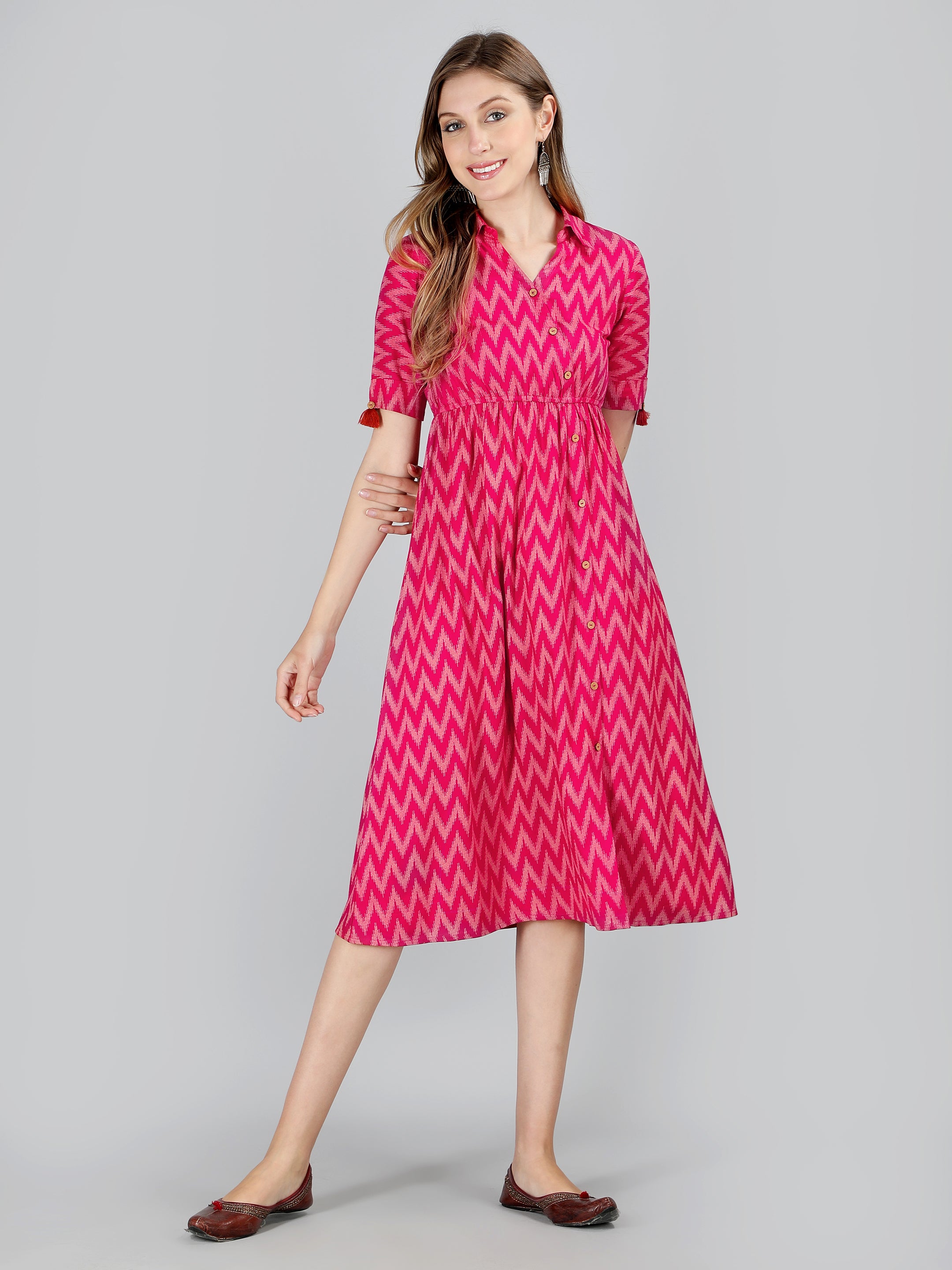 Pink Viscose Printed Flared Dress